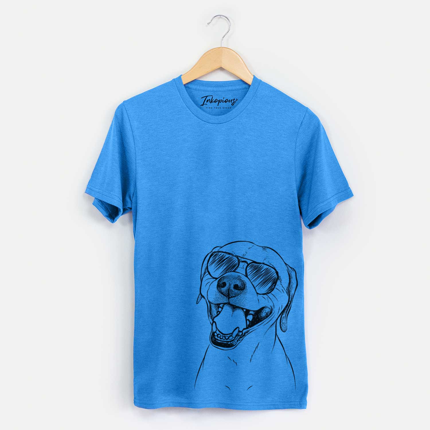Hand-drawn sketch of Beemer the Boxer Pitbull Terrier Mix wearing aviator sunglasses on a Blue Unisex crewneck