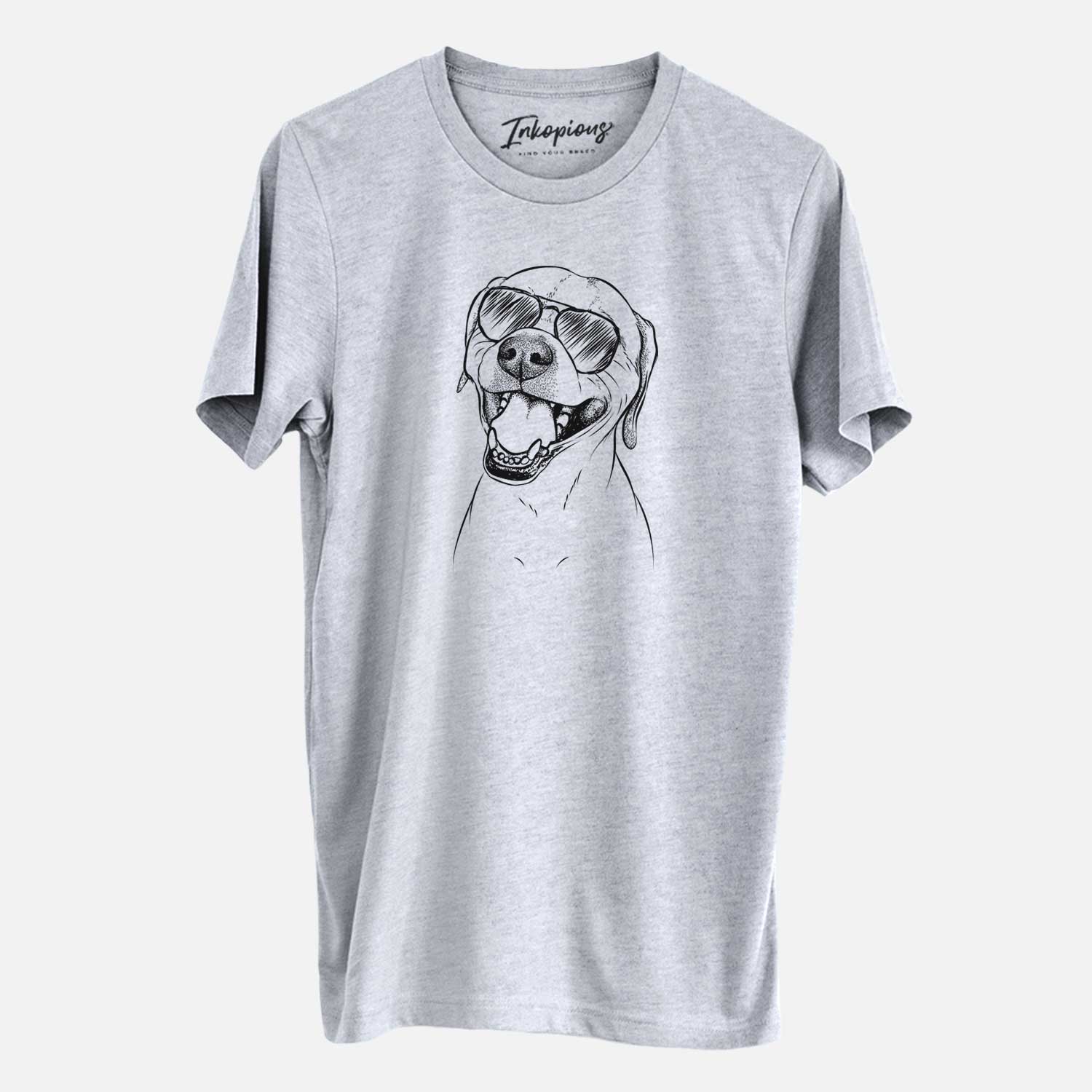 Hand-drawn sketch of Beemer the Boxer Pitbull Terrier Mix wearing aviator sunglasses on a Grey Unisex crewneck