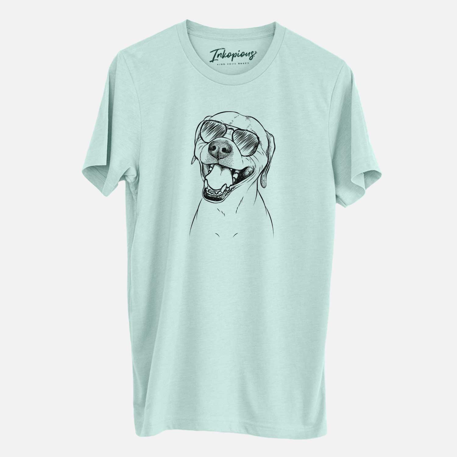 Hand-drawn sketch of Beemer the Boxer Pitbull Terrier Mix wearing aviator sunglasses on a Heather Sage Unisex crewneck