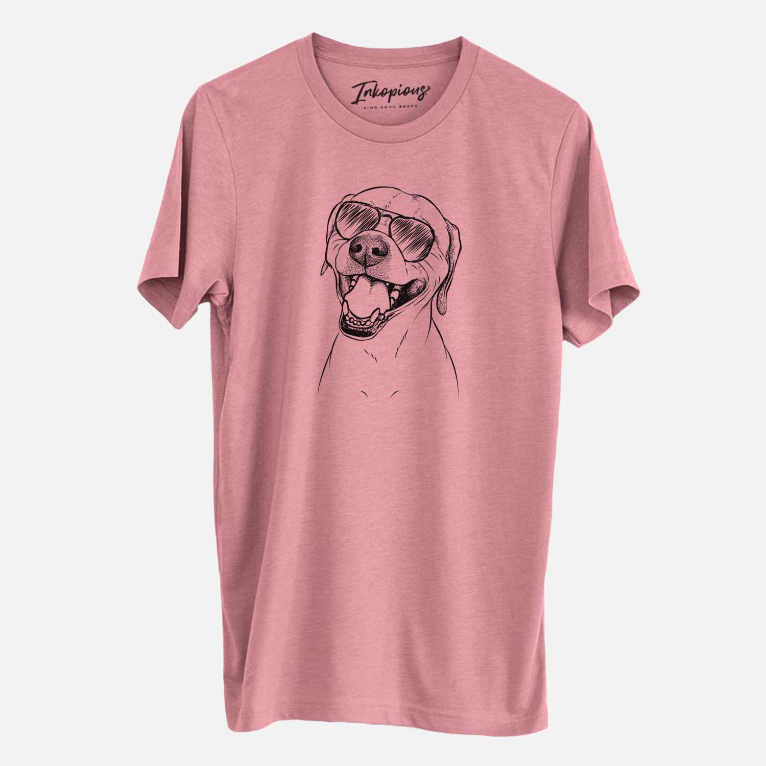 Hand-drawn sketch of Beemer the Boxer Pitbull Terrier Mix wearing aviator sunglasses on a Mauve Unisex crewneck