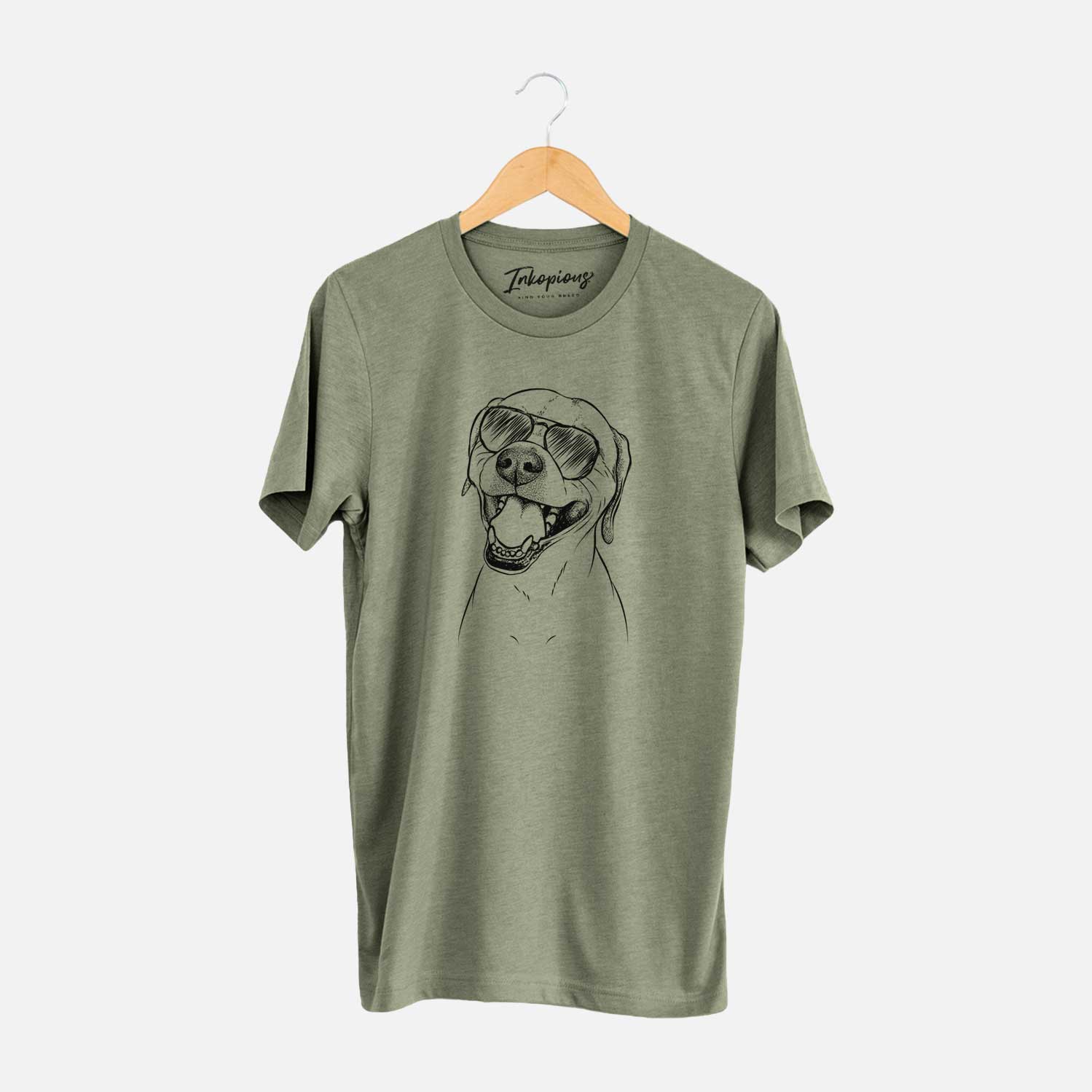 Hand-drawn sketch of Beemer the Boxer Pitbull Terrier Mix wearing aviator sunglasses on an Olive Unisex crewneck