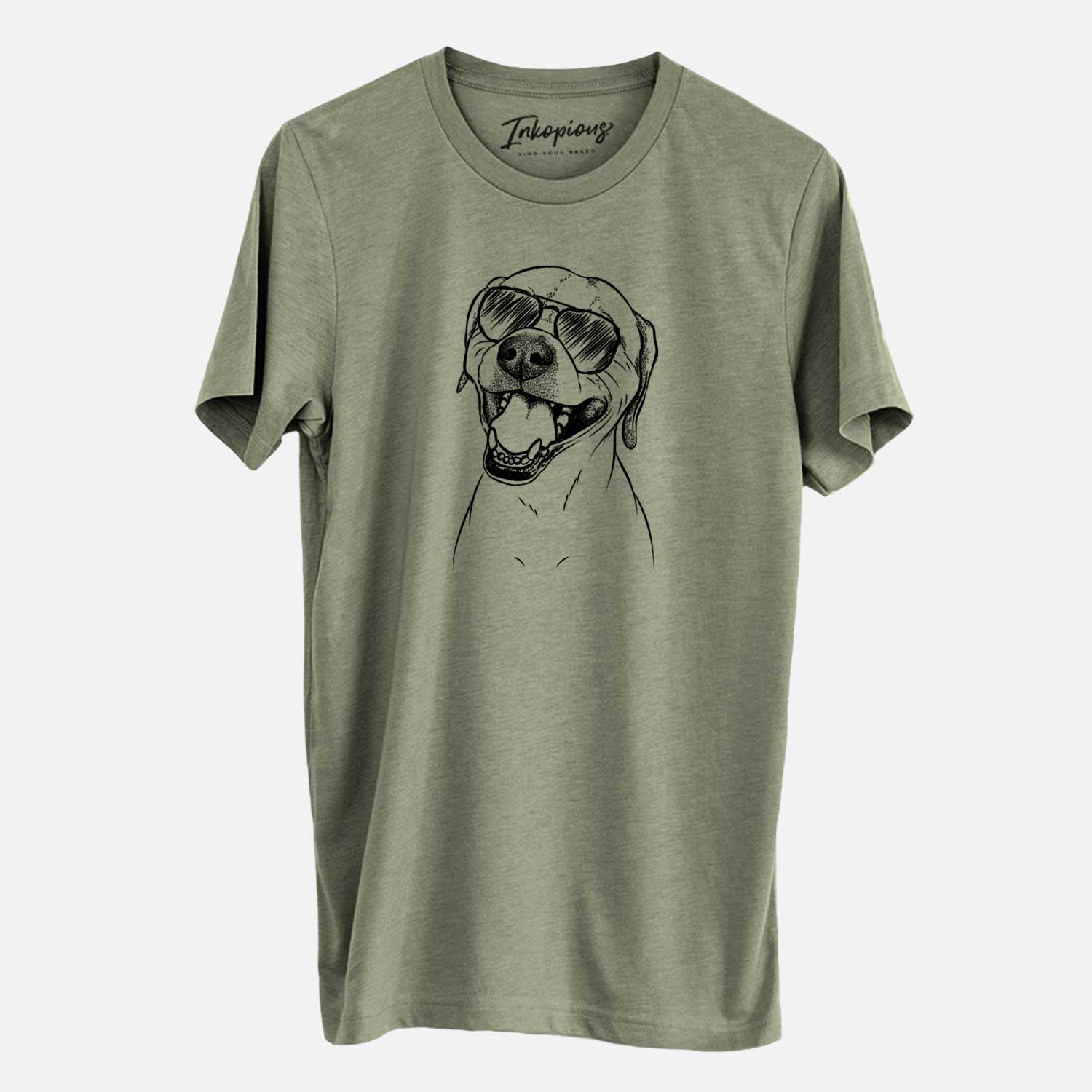 Hand-drawn sketch of Beemer the Boxer Pitbull Terrier Mix wearing aviator sunglasses on an Olive Unisex crewneck