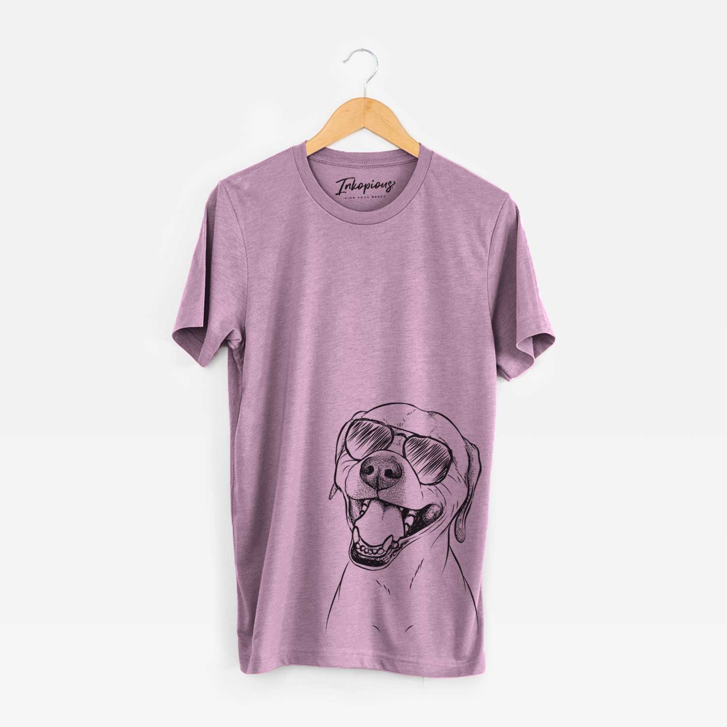Hand-drawn sketch of Beemer the Boxer Pitbull Terrier Mix wearing aviator sunglasses on an Orchid Unisex crewneck