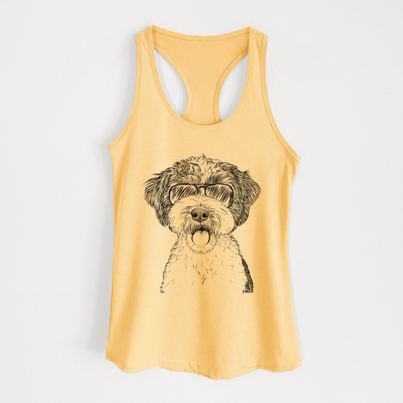 Hand-drawn sketch of Bella the Cockapoo wearing aviator sunglasses on a Banana Cream Women's racerback tanktop
