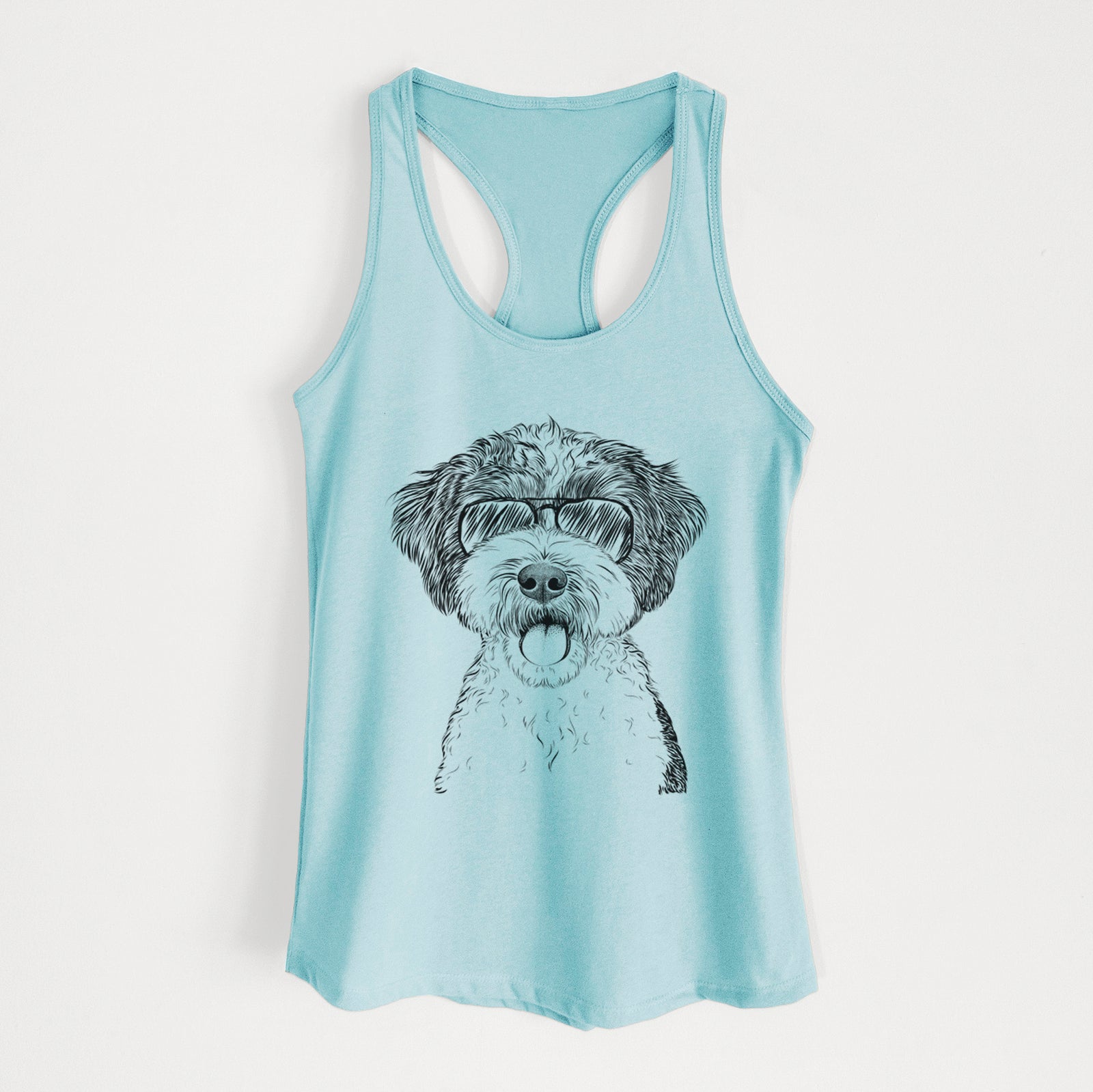 Hand-drawn sketch of Bella the Cockapoo wearing aviator sunglasses on a Cancun Blue Women's racerback tanktop