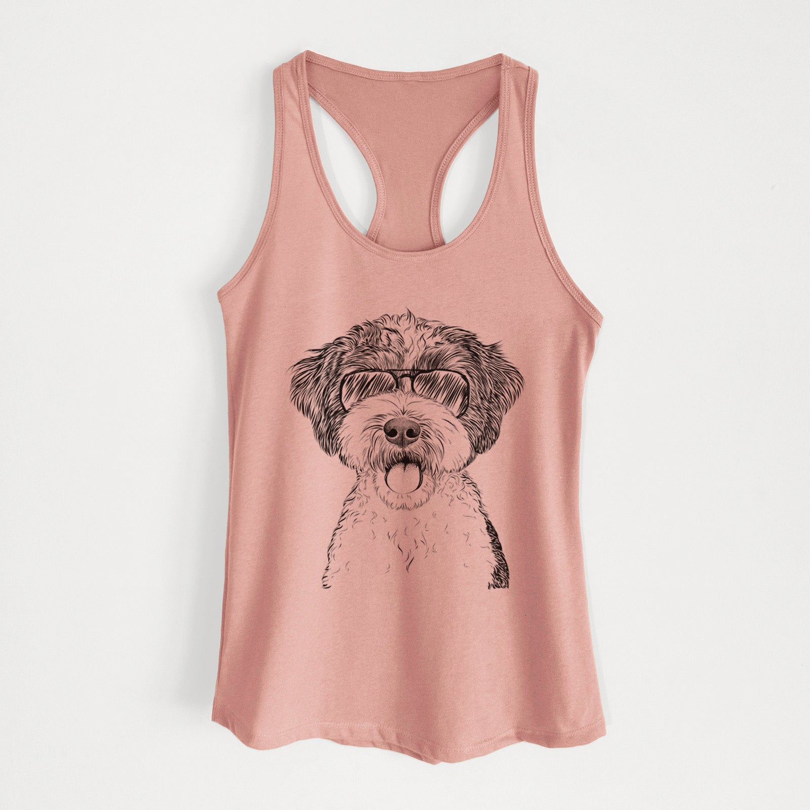Hand-drawn sketch of Bella the Cockapoo wearing aviator sunglasses on a Desert Pink Women's racerback tanktop
