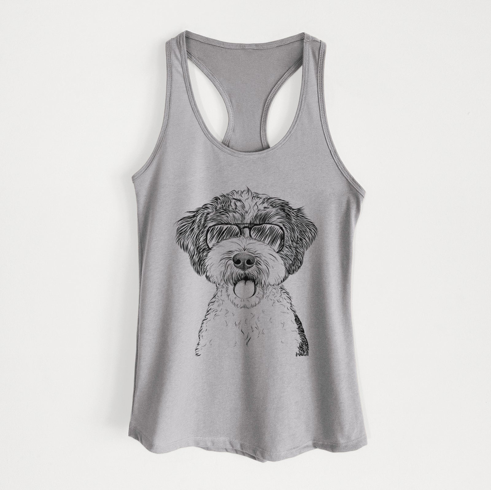 Hand-drawn sketch of Bella the Cockapoo wearing aviator sunglasses on a Heather Grey Women's racerback tanktop