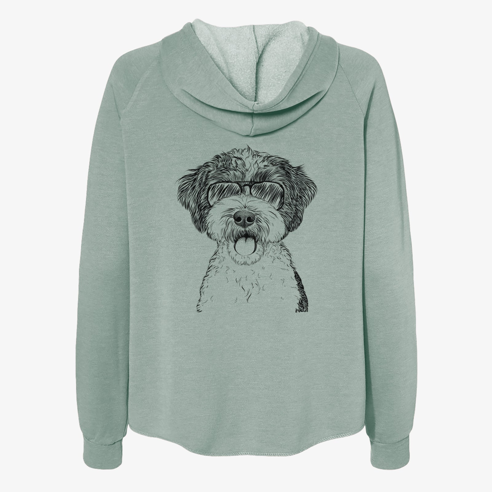 Hand-drawn sketch of Bella the Cockapoo wearing aviator sunglasses on a Sage Women's cali wave zip-up sweatshirt
