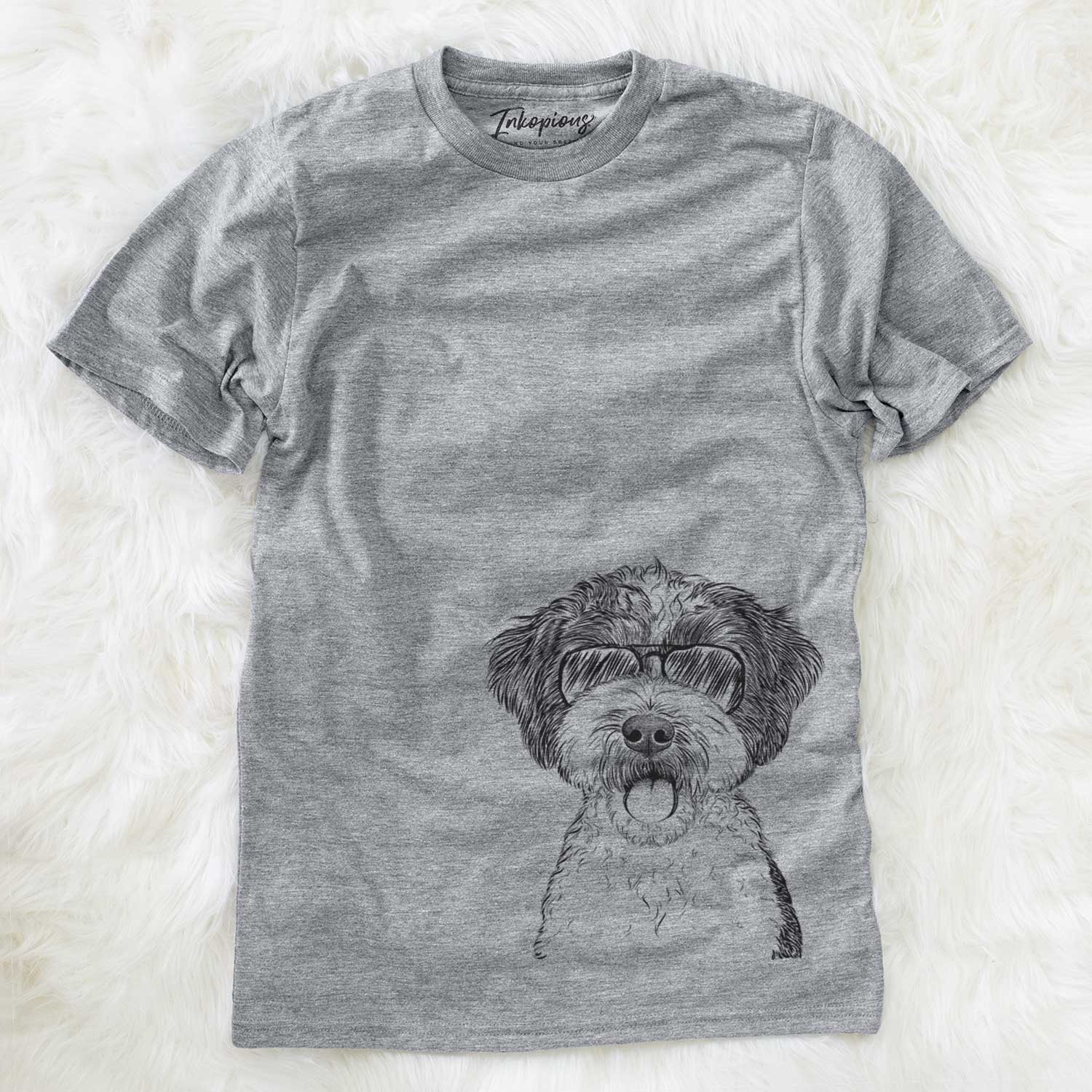 Hand-drawn sketch of Bella the Cockapoo wearing aviator sunglasses on a Grey Unisex crewneck