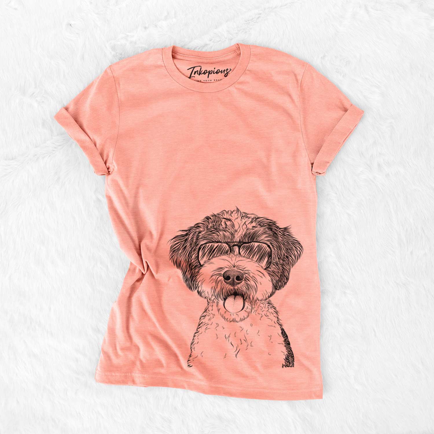 Hand-drawn sketch of Bella the Cockapoo wearing aviator sunglasses on a Sunset Bella Canvas Unisex Crewneck