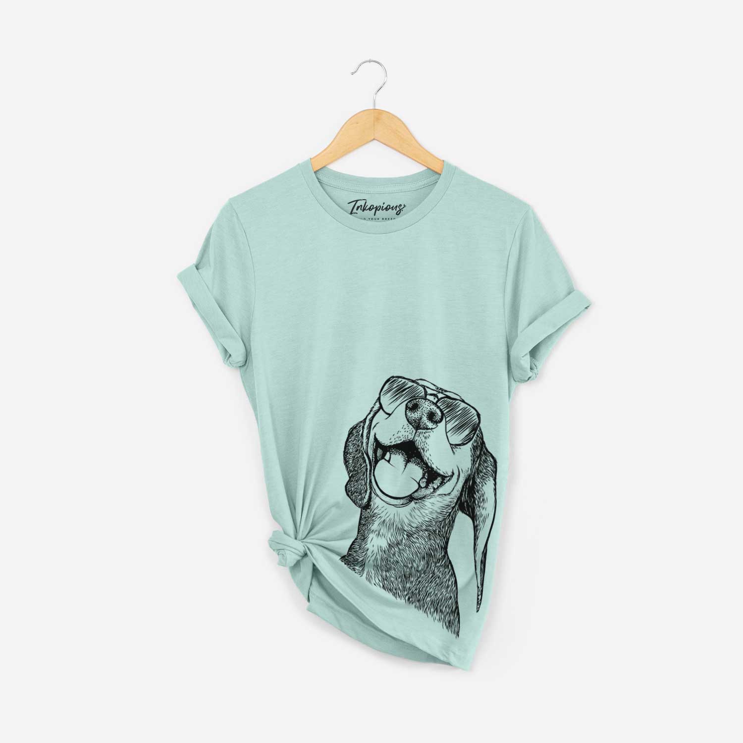 Hand-drawn sketch of Belle the Hound Mix wearing aviator sunglasses on a Heather Sage Bella Canvas Unisex Crewneck