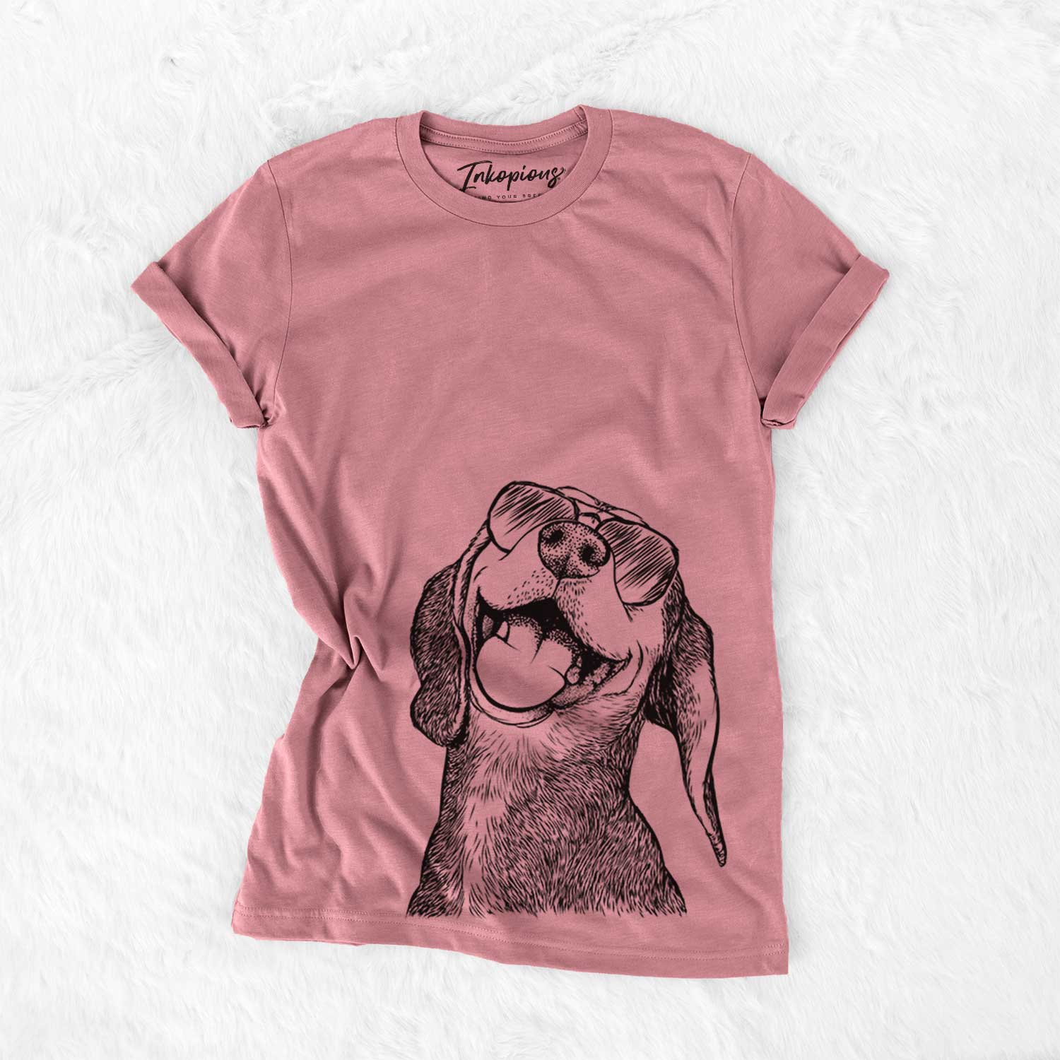 Hand-drawn sketch of Belle the Hound Mix wearing aviator sunglasses on a Mauve Bella Canvas Unisex Crewneck