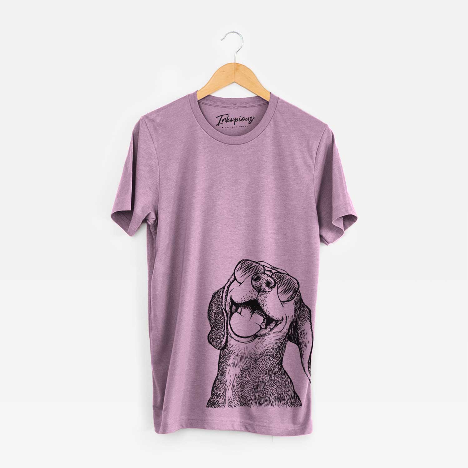 Hand-drawn sketch of Belle the Hound Mix wearing aviator sunglasses on an Orchid Bella Canvas Unisex Crewneck