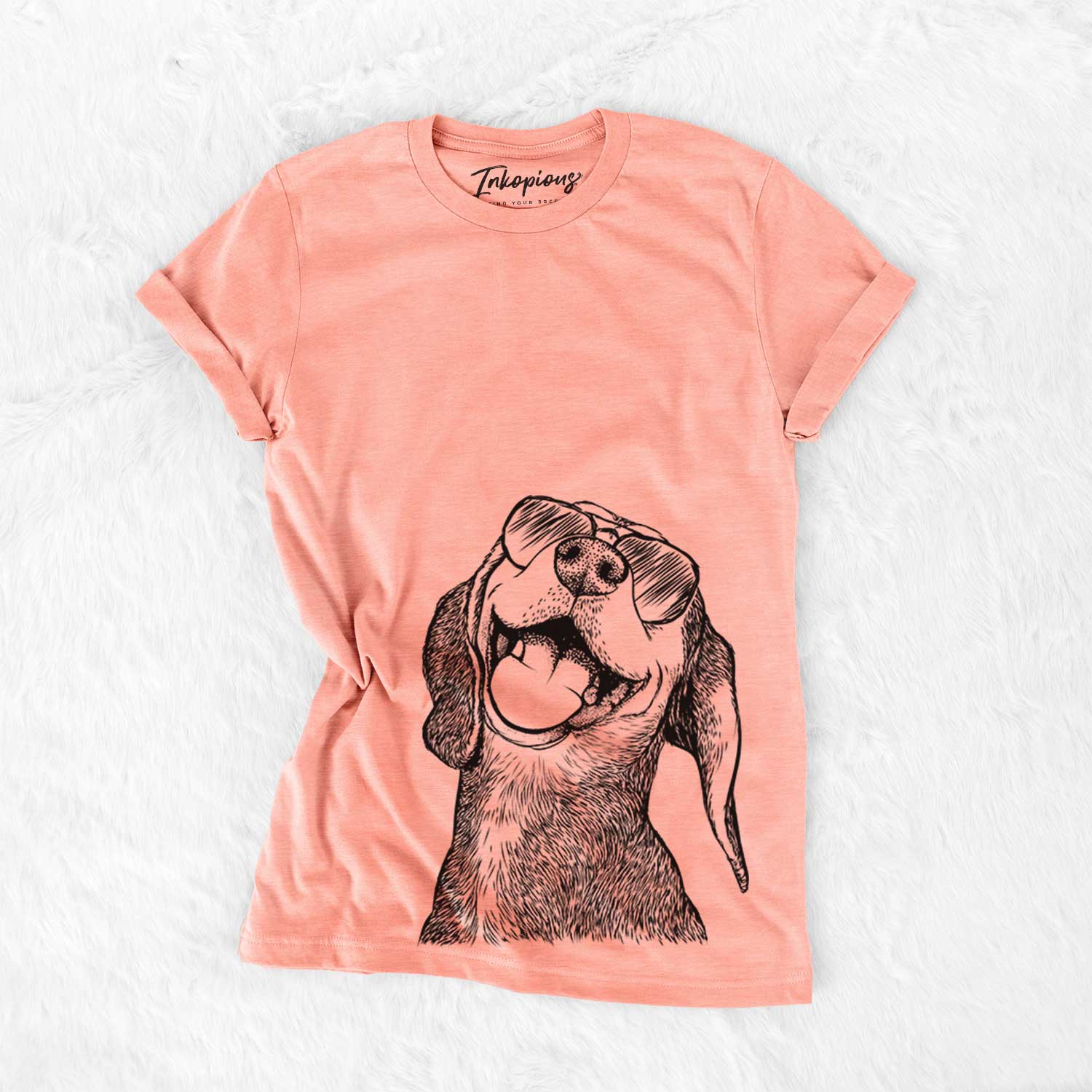 Hand-drawn sketch of Belle the Hound Mix wearing aviator sunglasses on a Sunset Bella Canvas Unisex Crewneck