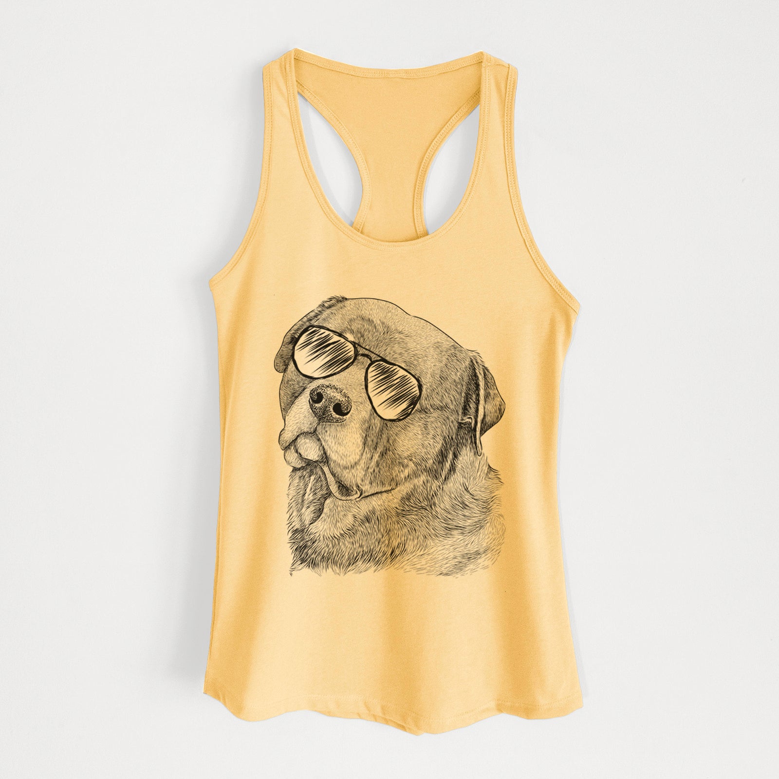 Hand-drawn sketch of Bender the Rottweiler wearing aviator sunglasses on a Banana Cream Women's racerback tanktop