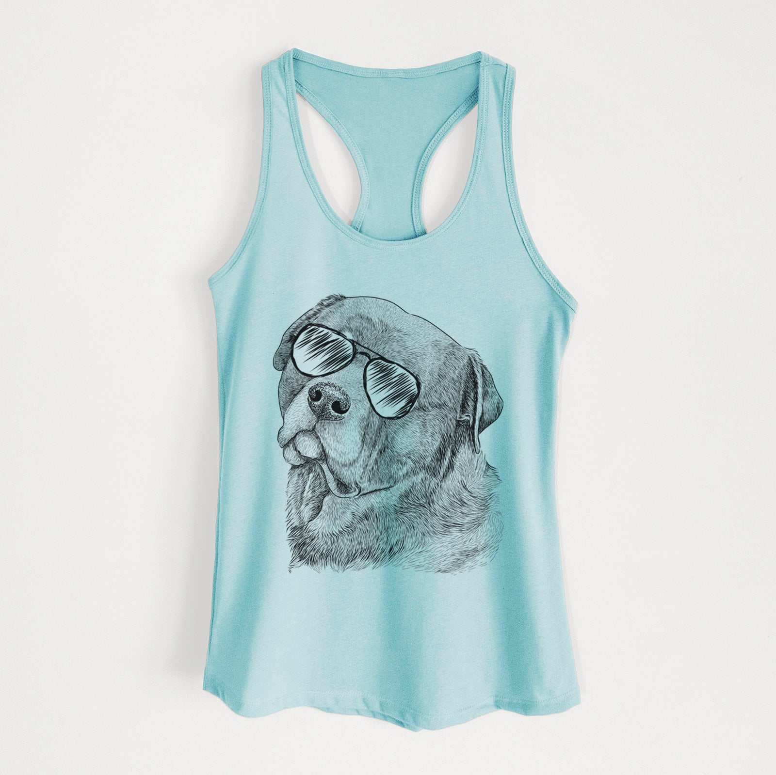 Hand-drawn sketch of Bender the Rottweiler wearing aviator sunglasses on a Cancun Blue Women's racerback tanktop