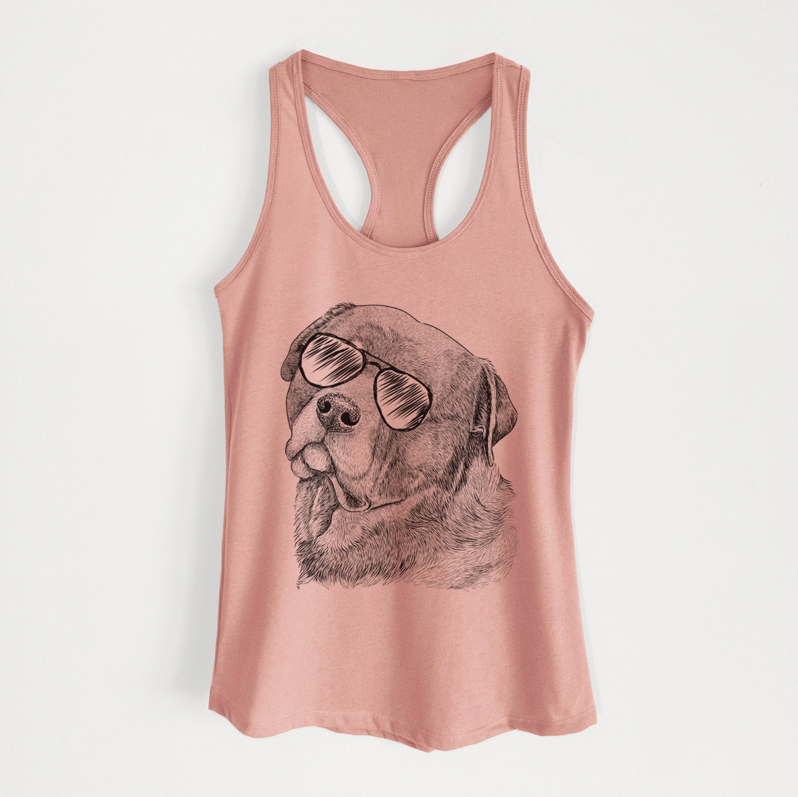 Hand-drawn sketch of Bender the Rottweiler wearing aviator sunglasses on a Desert Pink Women's racerback tanktop