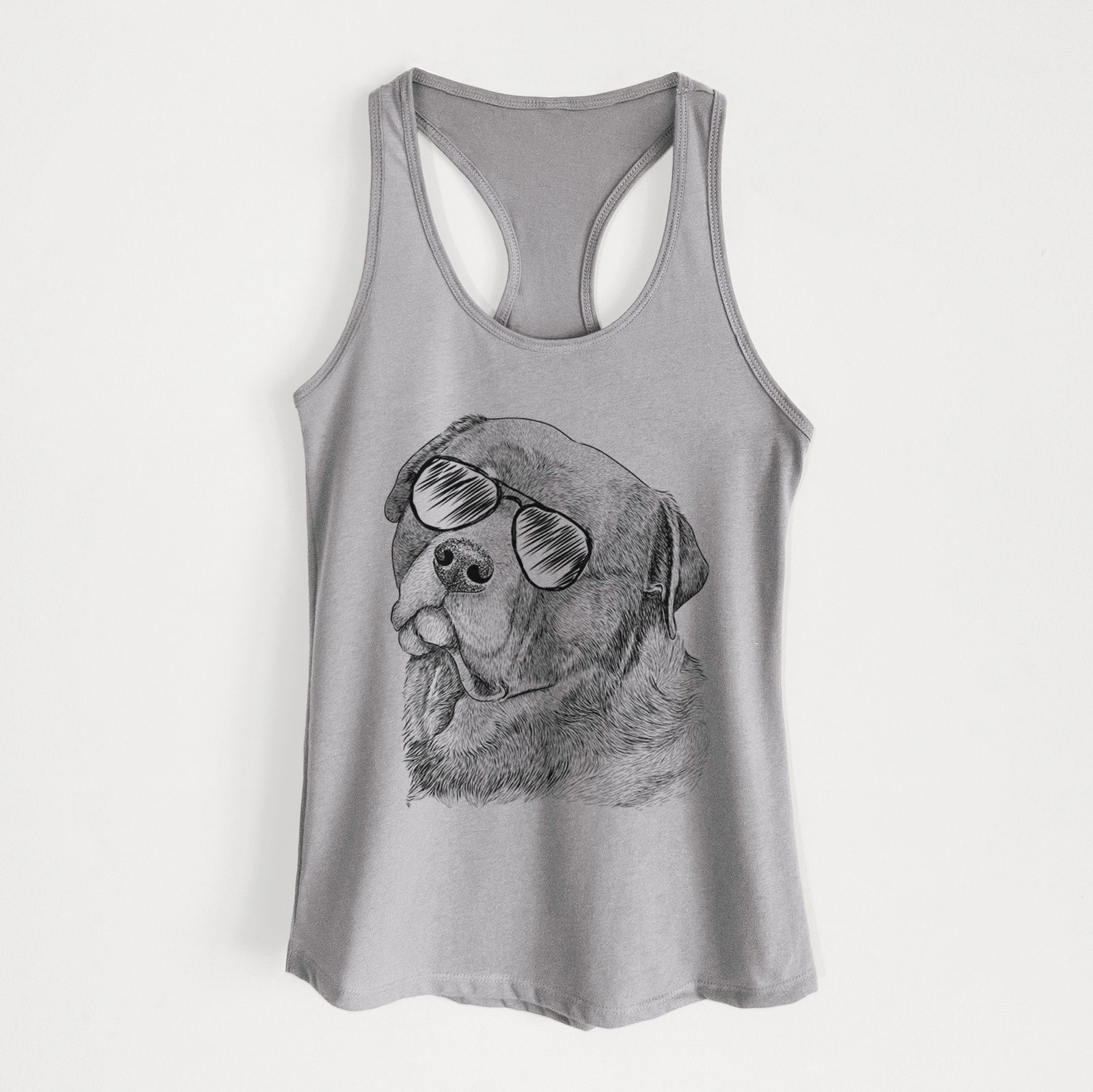 Hand-drawn sketch of Bender the Rottweiler wearing aviator sunglasses on a Heather Grey Women's racerback tanktop