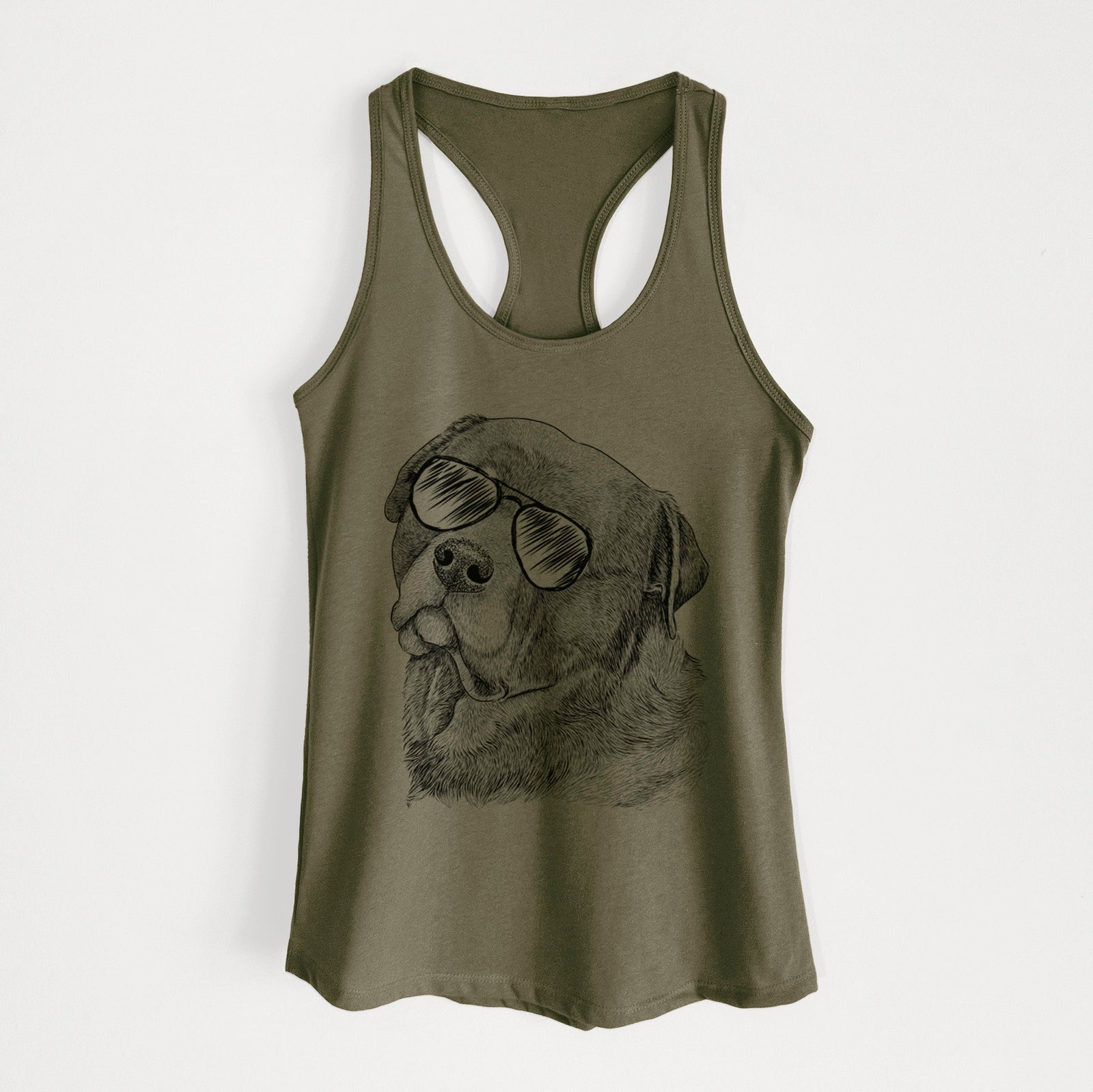 Hand-drawn sketch of Bender the Rottweiler wearing aviator sunglasses on a Military Green Women's racerback tanktop