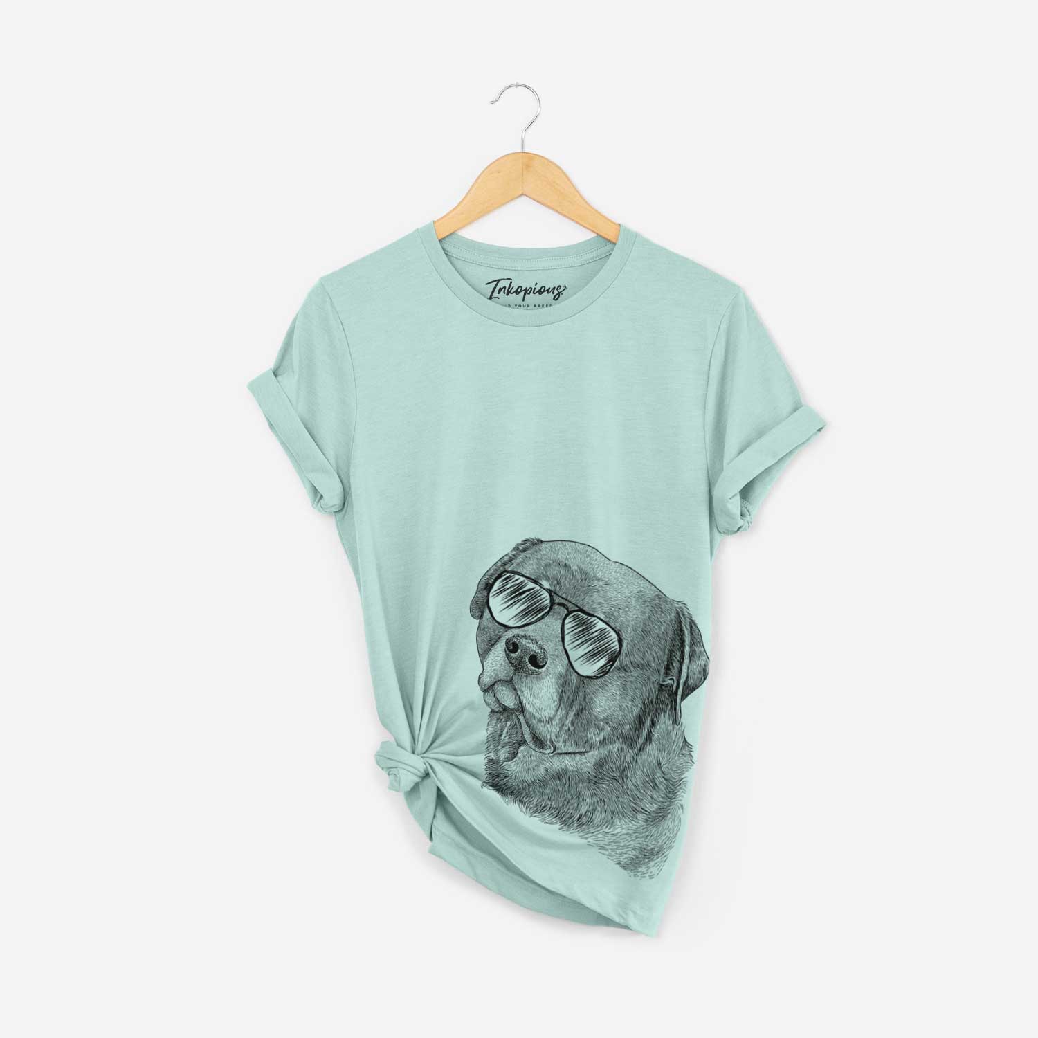 Hand-drawn sketch of Bender the Rottweiler wearing aviator sunglasses on a Heather Sage Bella Canvas Unisex Crewneck