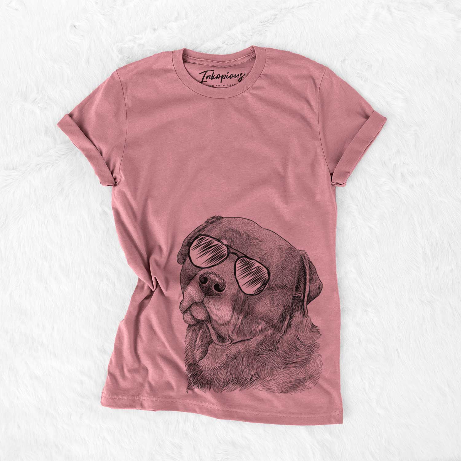 Hand-drawn sketch of Bender the Rottweiler wearing aviator sunglasses on a Mauve Bella Canvas Unisex Crewneck