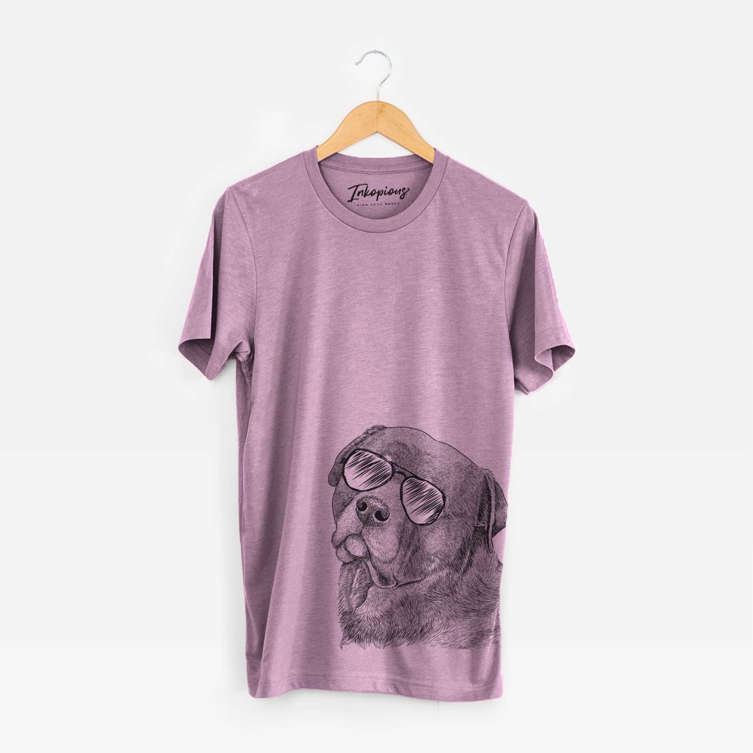 Hand-drawn sketch of Bender the Rottweiler wearing aviator sunglasses on an Orchid Bella Canvas Unisex Crewneck