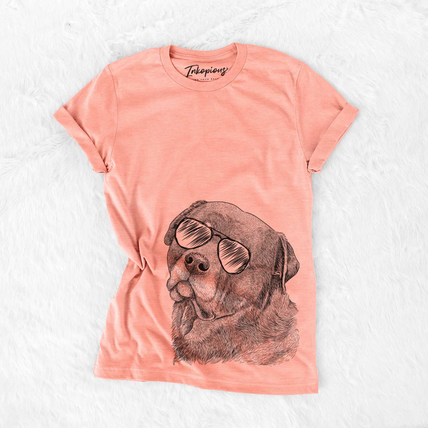 Hand-drawn sketch of Bender the Rottweiler wearing aviator sunglasses on a Sunset Bella Canvas Unisex Crewneck
