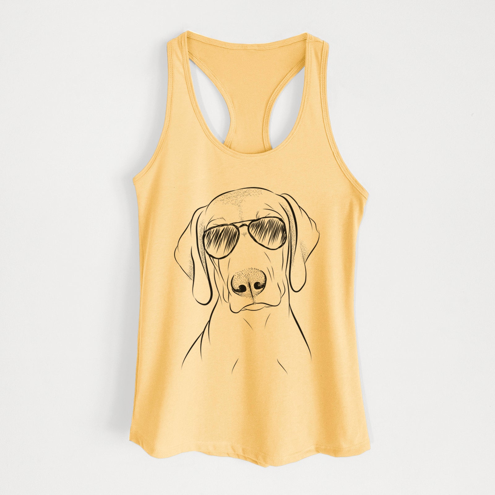 Hand-drawn sketch of Benelli the Vizsla wearing aviator sunglasses on a Banana Cream Women's racerback tanktop