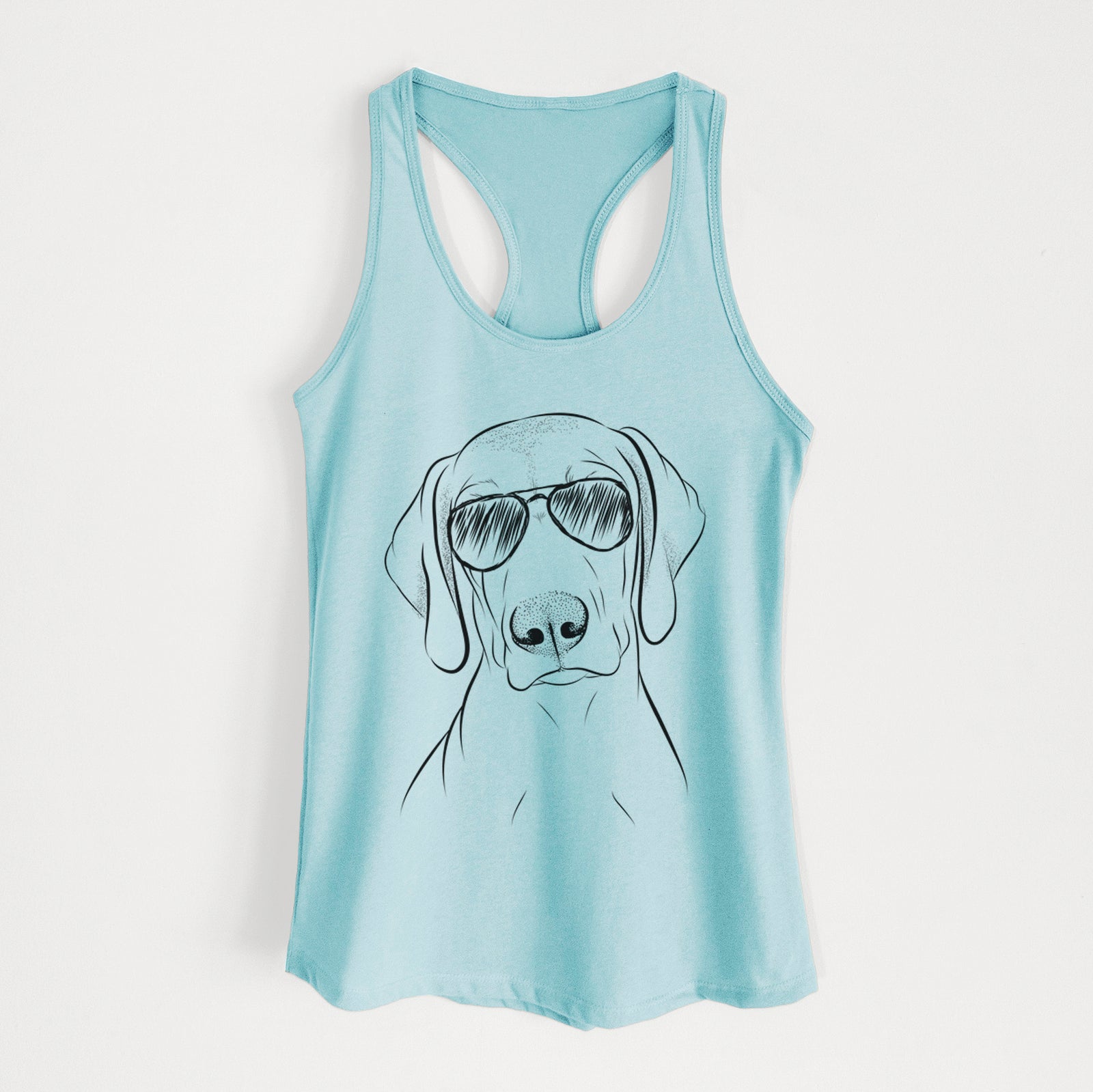 Hand-drawn sketch of Benelli the Vizsla wearing aviator sunglasses on a Cancun Blue Women's racerback tanktop
