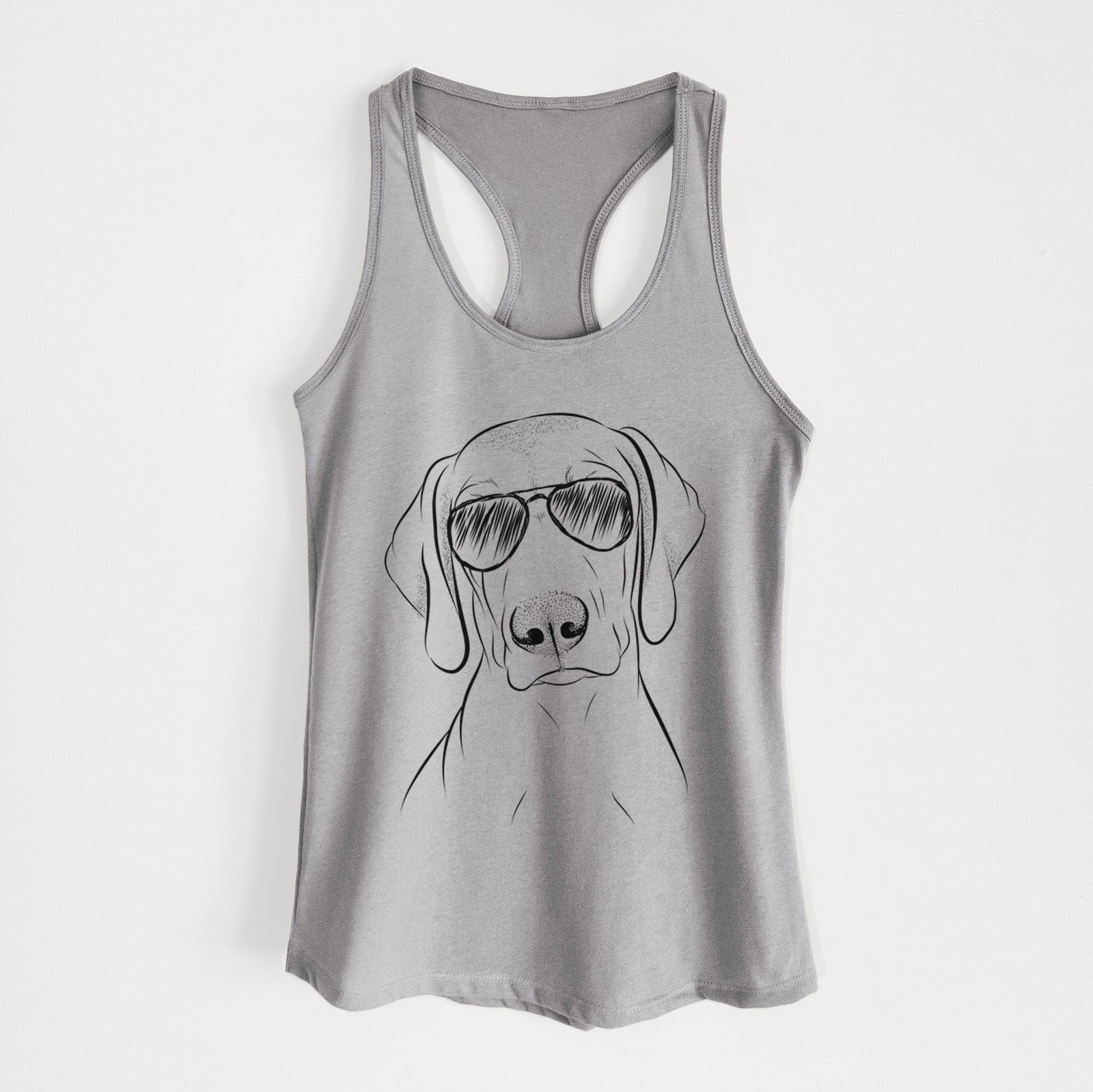Hand-drawn sketch of Benelli the Vizsla wearing aviator sunglasses on a Heather Grey Women's racerback tanktop