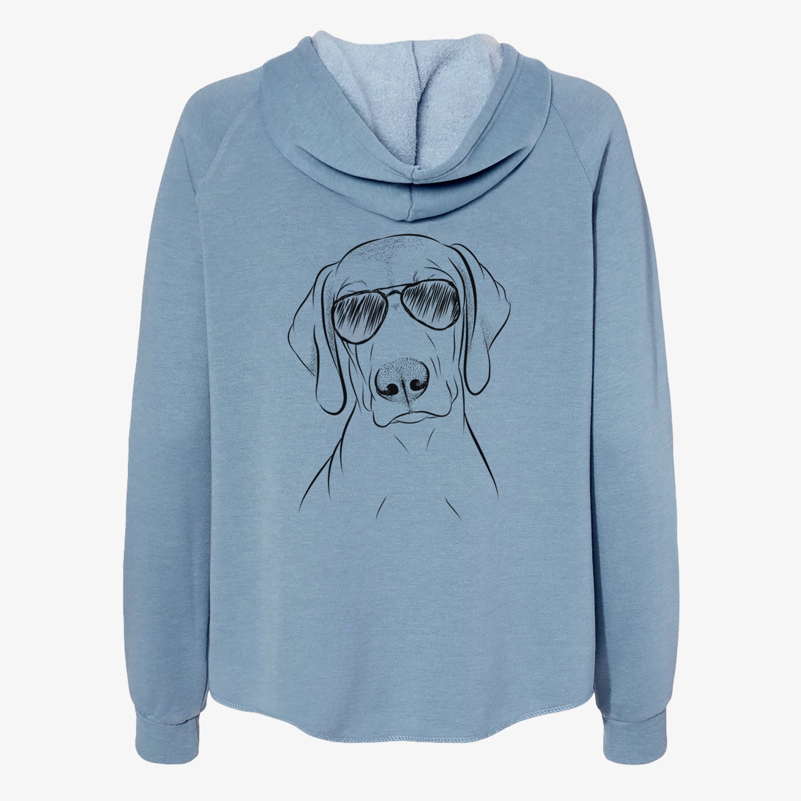 Hand-drawn sketch of Benelli the Vizsla wearing aviator sunglasses on a Misty Blue Women's cali wave zip-up sweatshirt