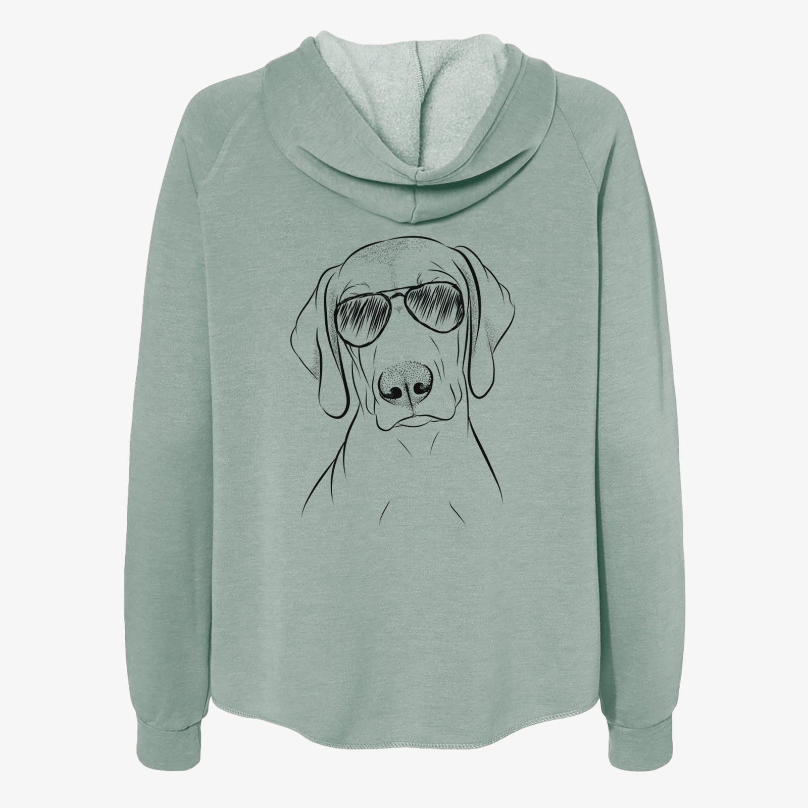Hand-drawn sketch of Benelli the Vizsla wearing aviator sunglasses on a Sage Women's cali wave zip-up sweatshirt