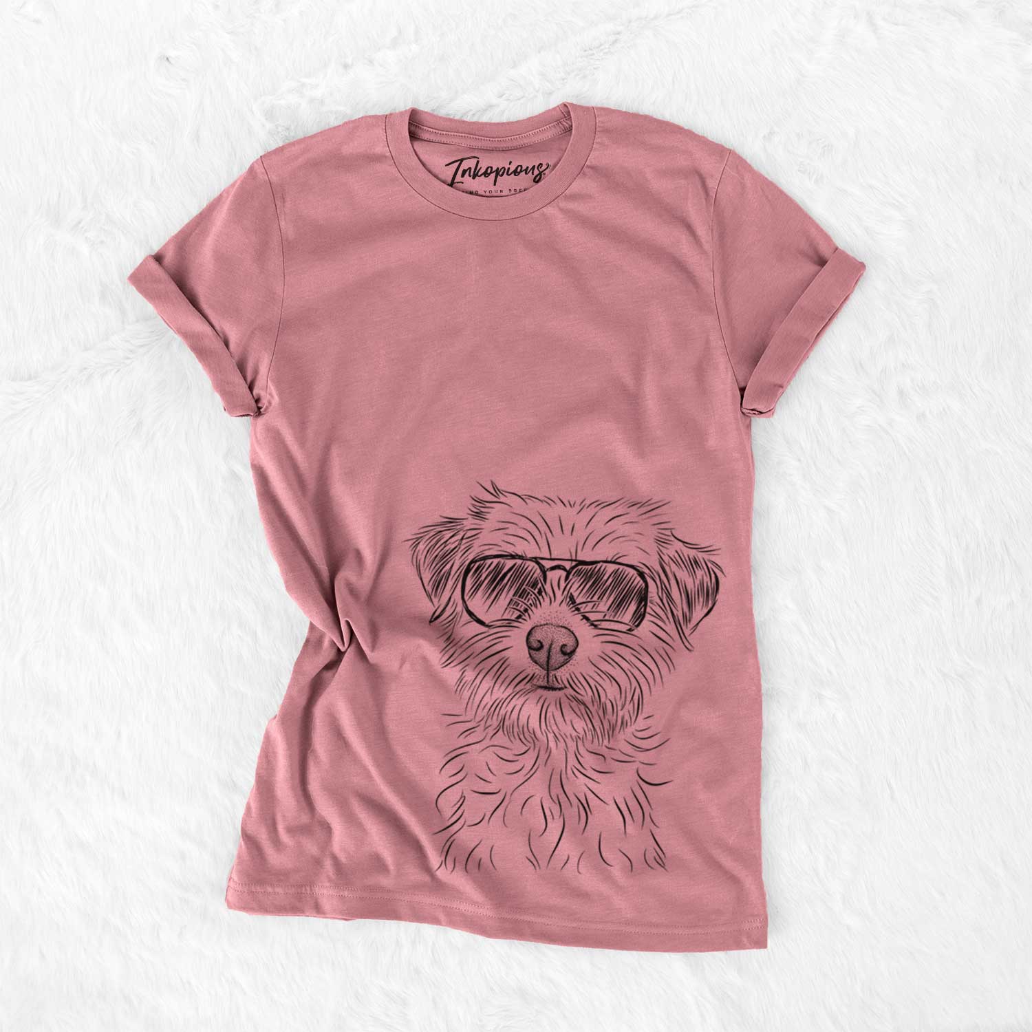 Hand-drawn sketch of Benjamin the Border Terrier wearing aviator sunglasses on a Mauve Unisex crewneck
