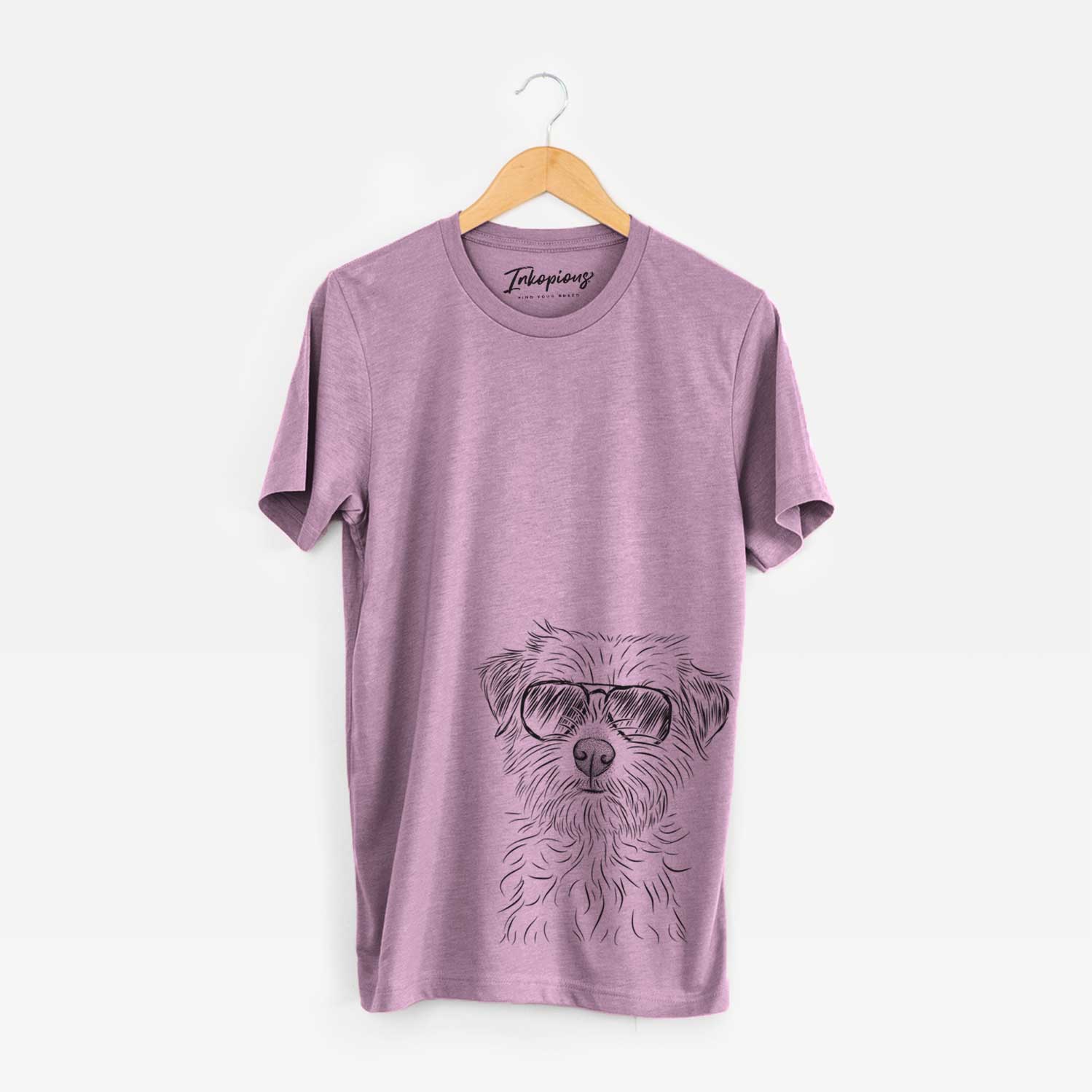 Hand-drawn sketch of Benjamin the Border Terrier wearing aviator sunglasses on an Orchid Unisex crewneck