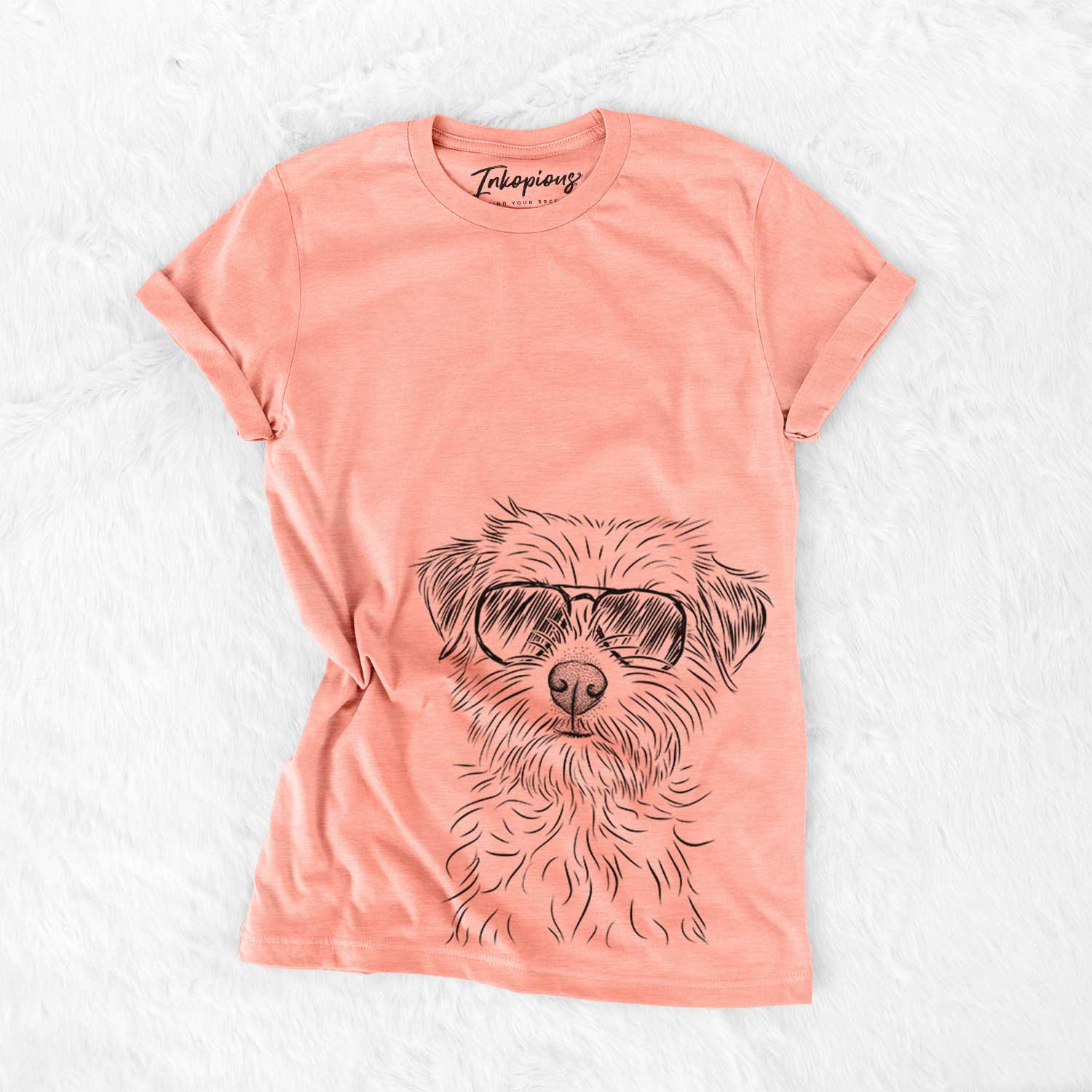 Hand-drawn sketch of Benjamin the Border Terrier wearing aviator sunglasses on a Sunset Bella Canvas Unisex Crewneck