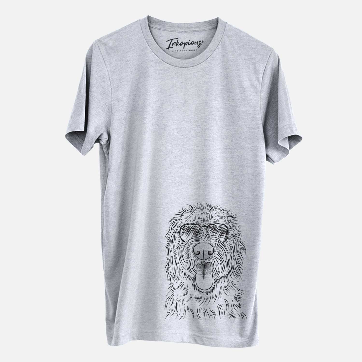 Hand-drawn sketch of Bennett the Doodle wearing aviator sunglasses on a Grey Unisex crewneck