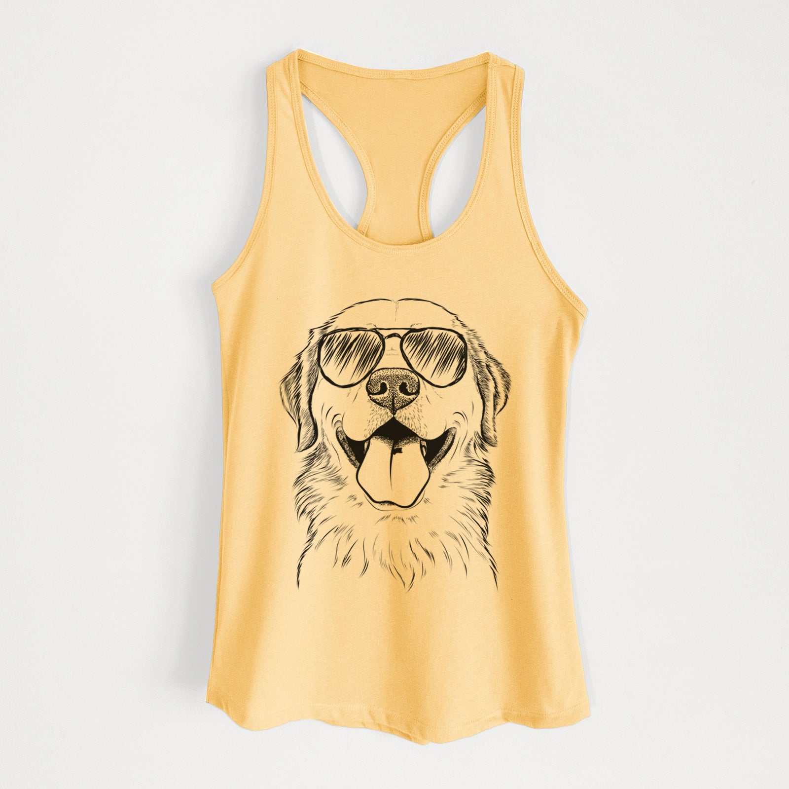 Hand-drawn sketch of Bennett the Golden Retriever wearing aviator sunglasses on a Banana Cream Women's racerback tanktop