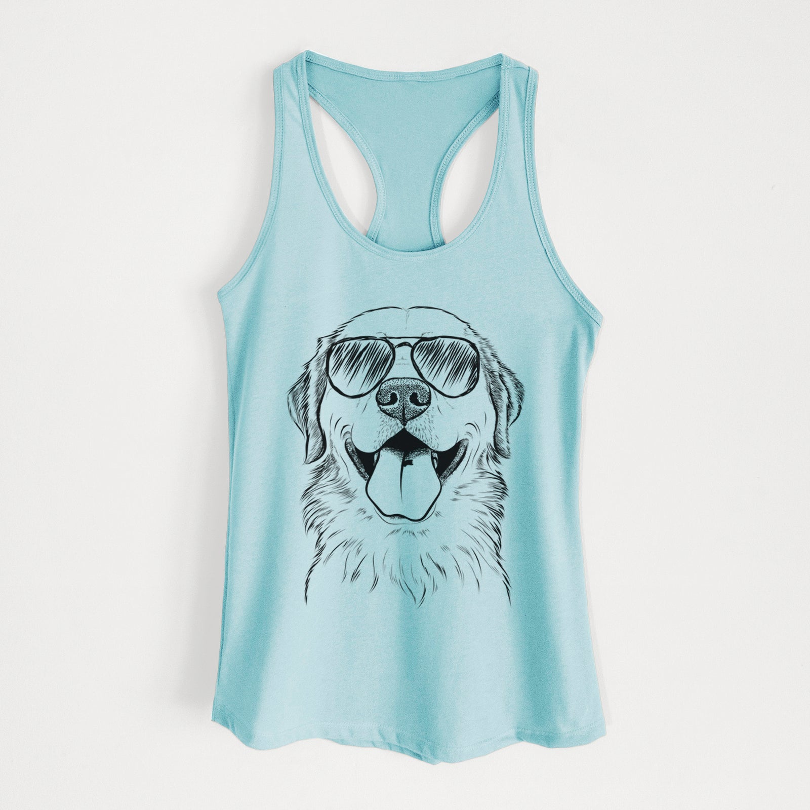 Hand-drawn sketch of Bennett the Golden Retriever wearing aviator sunglasses on a Cancun Blue Women's racerback tanktop