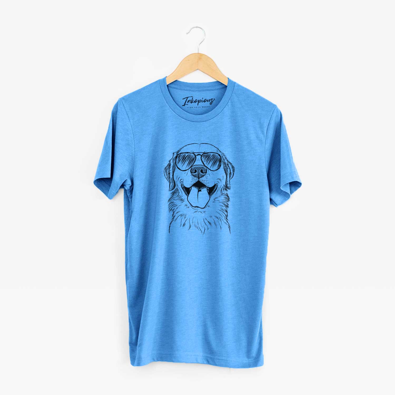 Hand-drawn sketch of Bennett the Golden Retriever wearing aviator sunglasses on a Blue Unisex crewneck