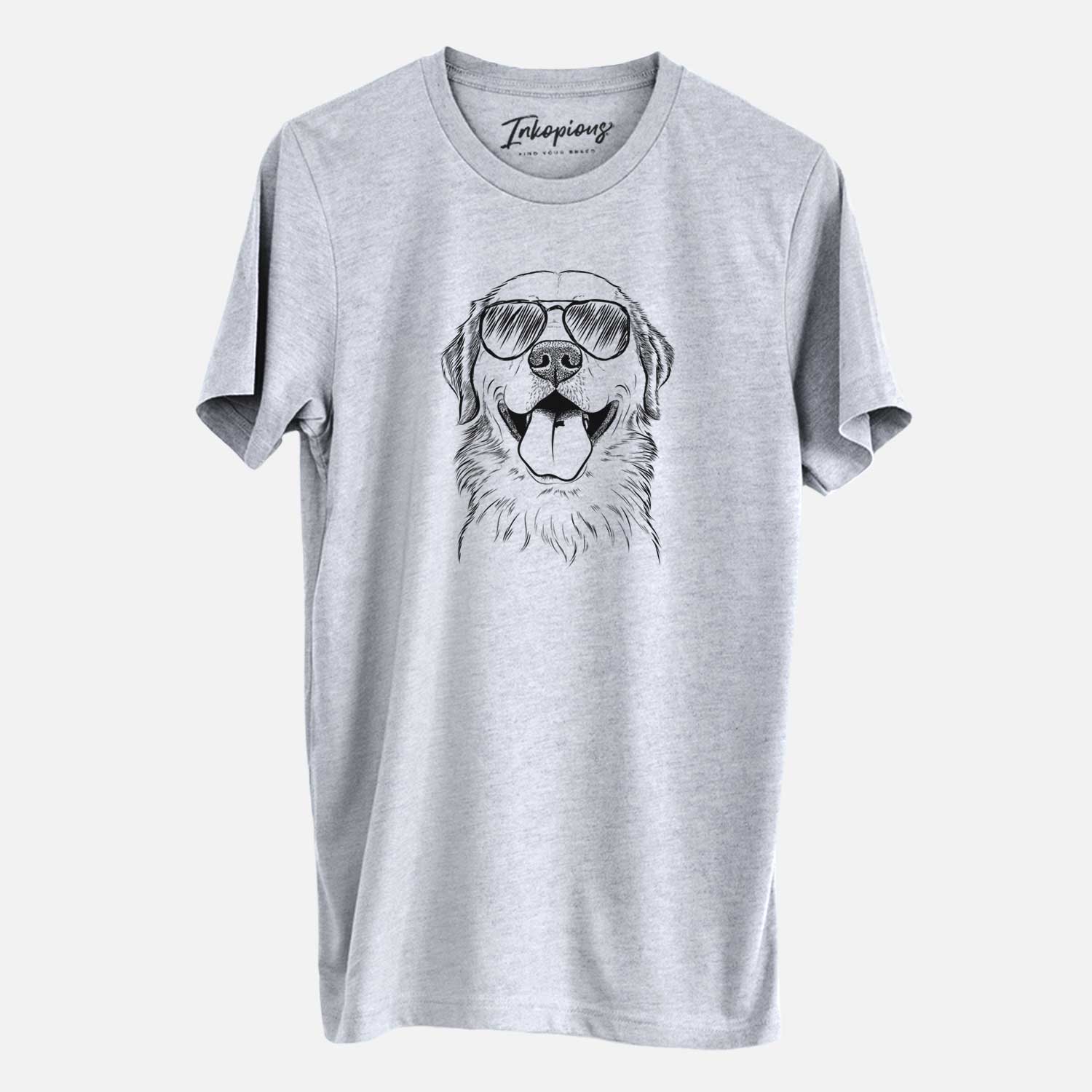 Hand-drawn sketch of Bennett the Golden Retriever wearing aviator sunglasses on a Grey Unisex crewneck
