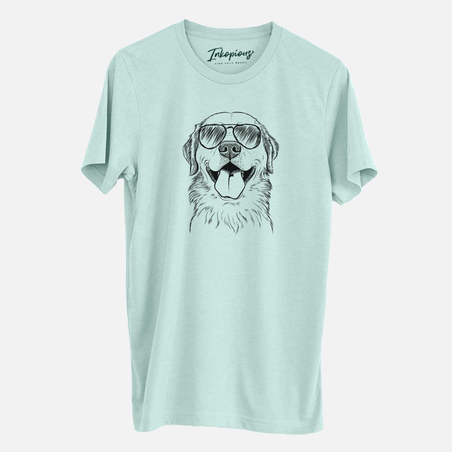 Hand-drawn sketch of Bennett the Golden Retriever wearing aviator sunglasses on a Heather Sage Unisex crewneck