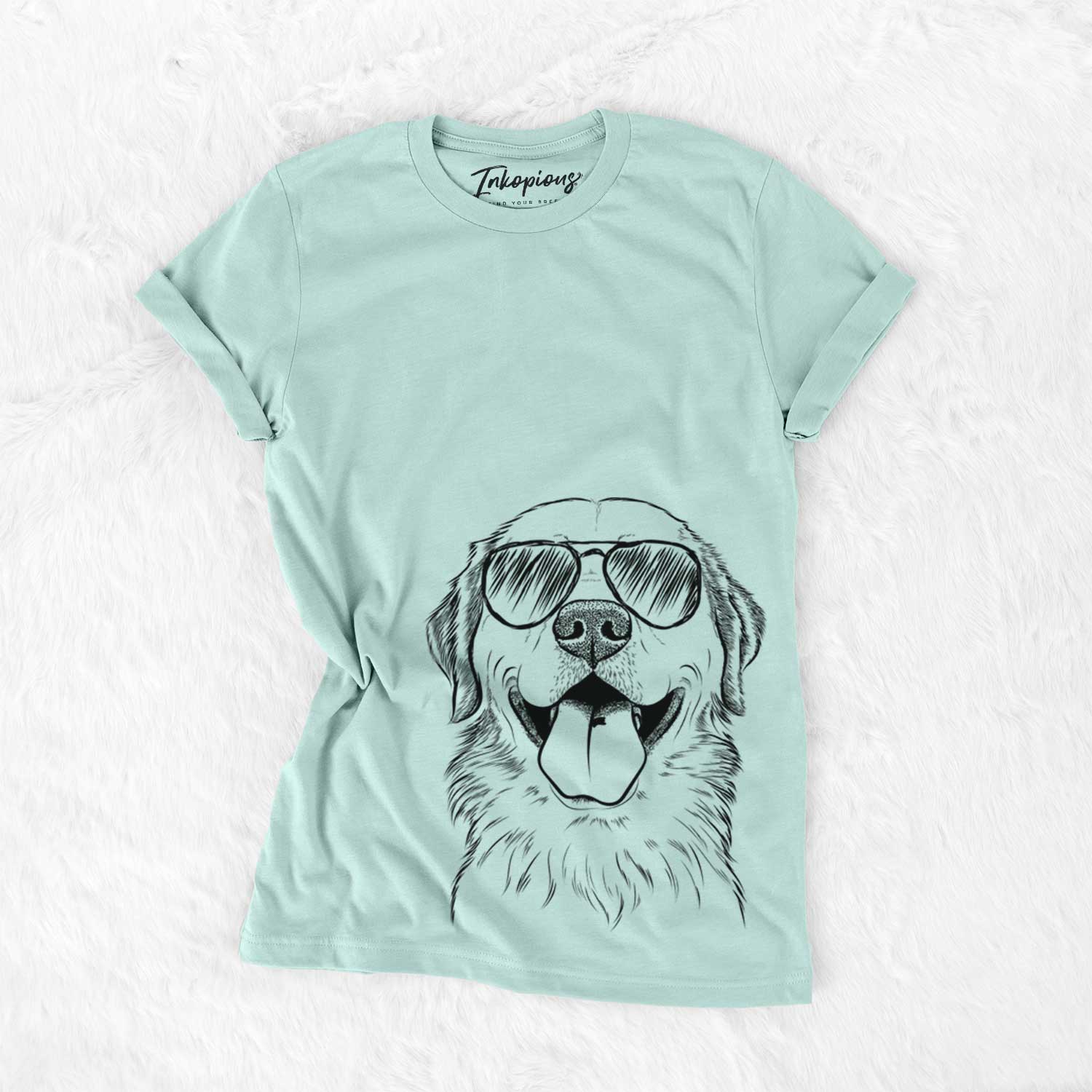 Hand-drawn sketch of Bennett the Golden Retriever wearing aviator sunglasses on a Heather Sage Unisex crewneck