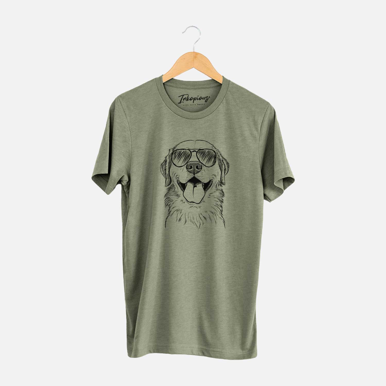 Hand-drawn sketch of Bennett the Golden Retriever wearing aviator sunglasses on an Olive Unisex crewneck
