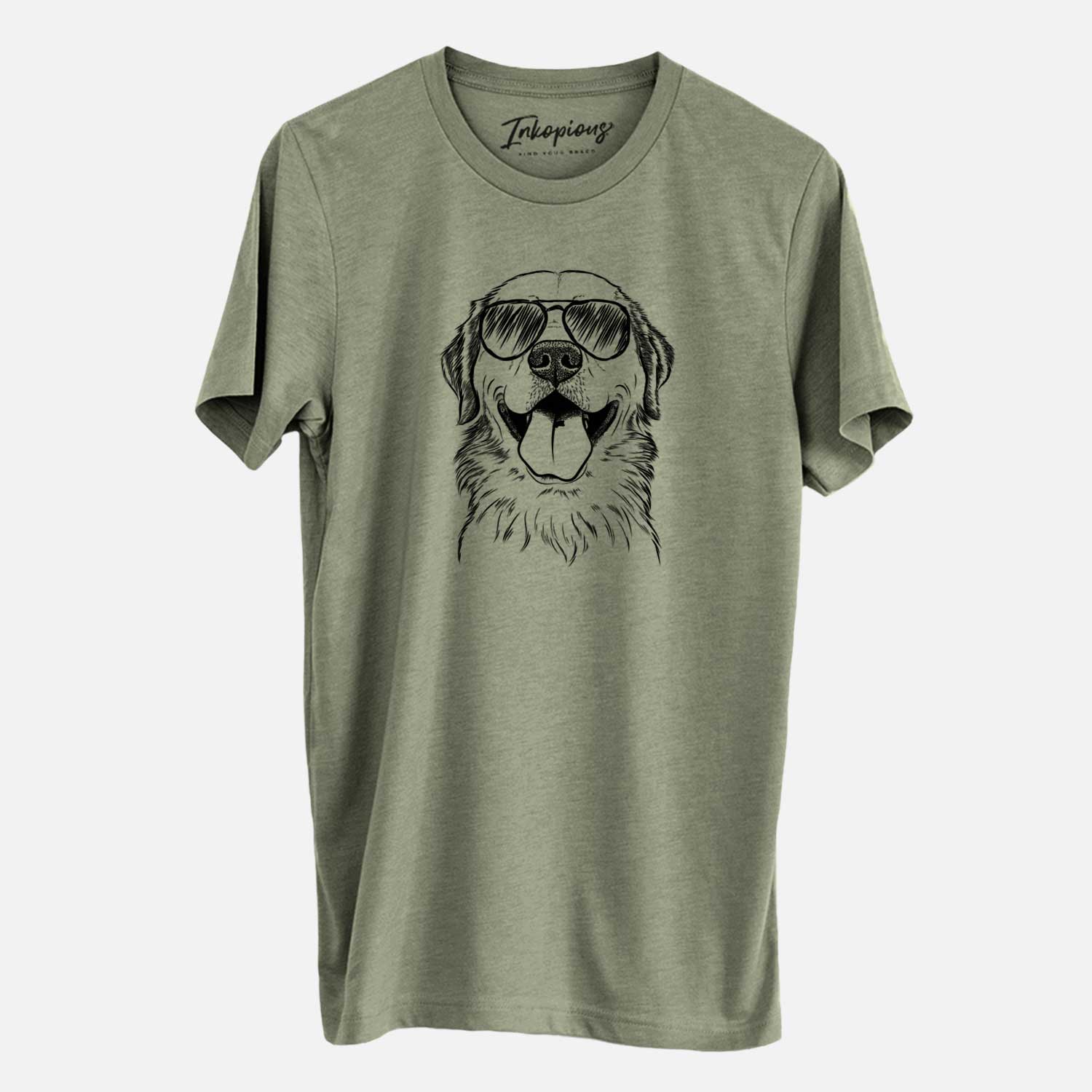 Hand-drawn sketch of Bennett the Golden Retriever wearing aviator sunglasses on an Olive Unisex crewneck