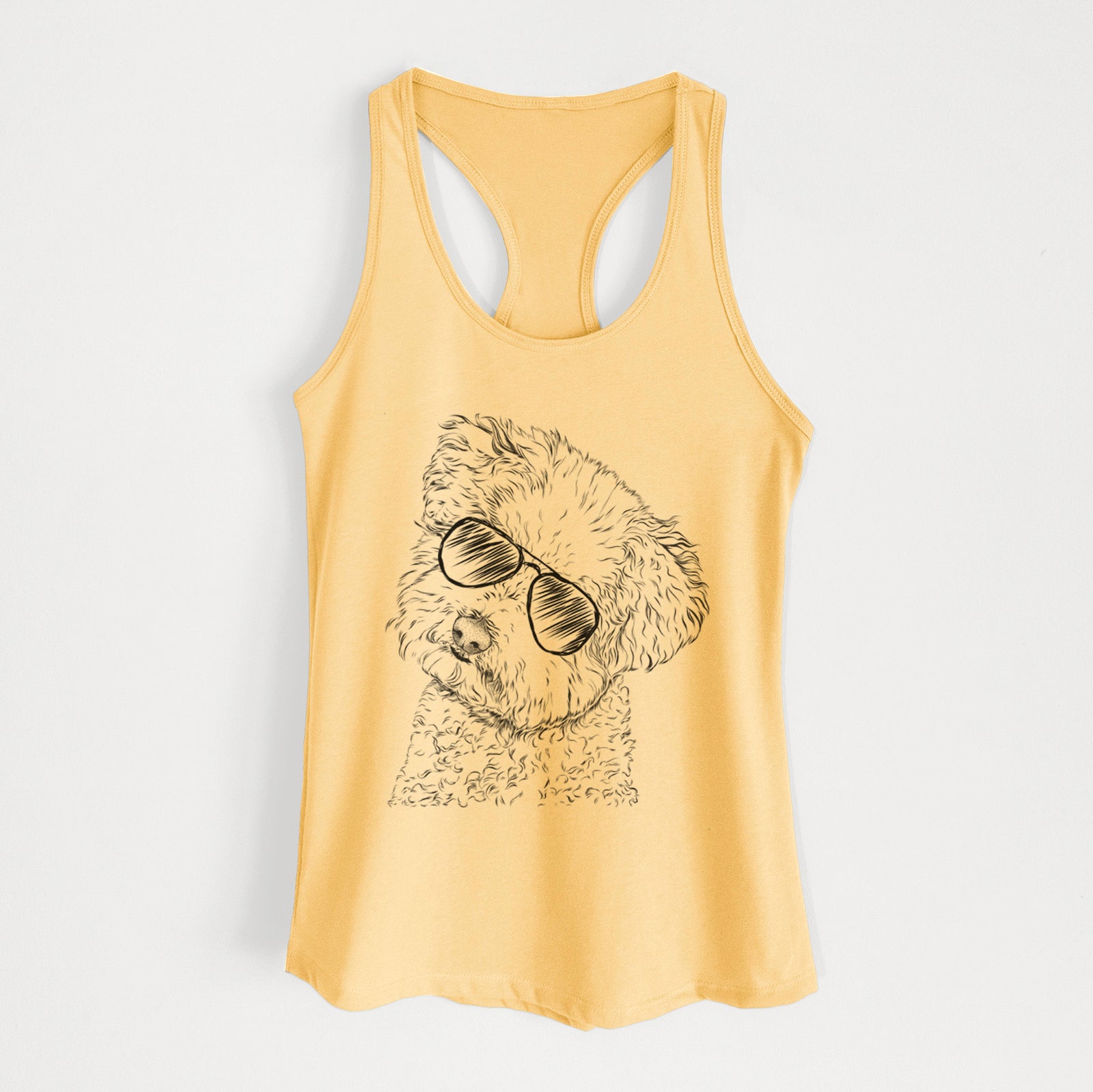 Hand-drawn sketch of Bento the Bolognese wearing aviator sunglasses on a Banana Cream Women's racerback tanktop