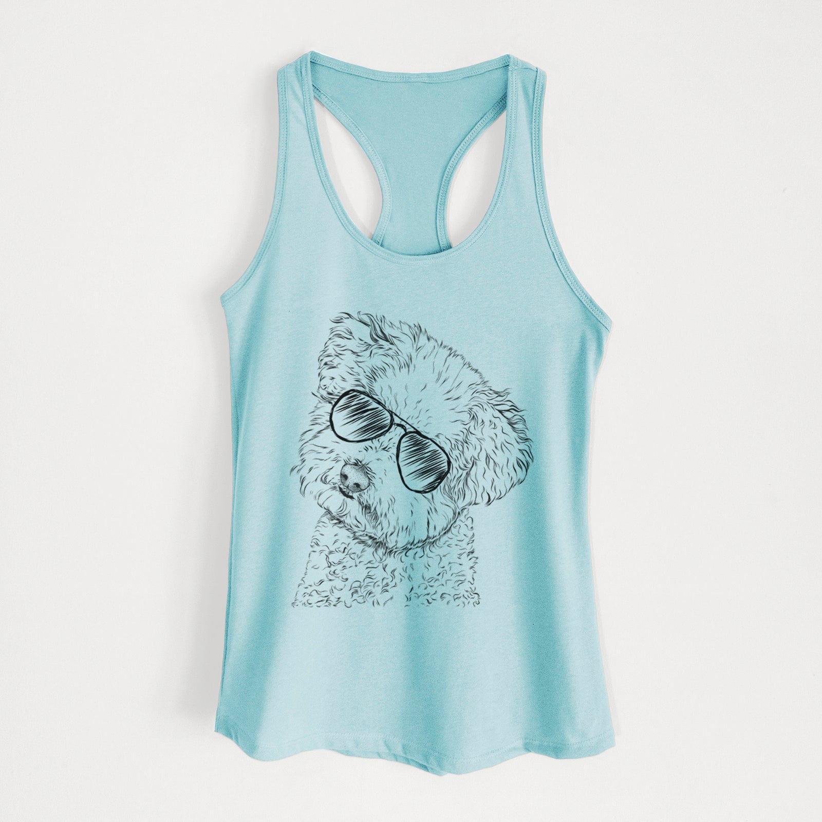 Hand-drawn sketch of Bento the Bolognese wearing aviator sunglasses on a Cancun Blue Women's racerback tanktop