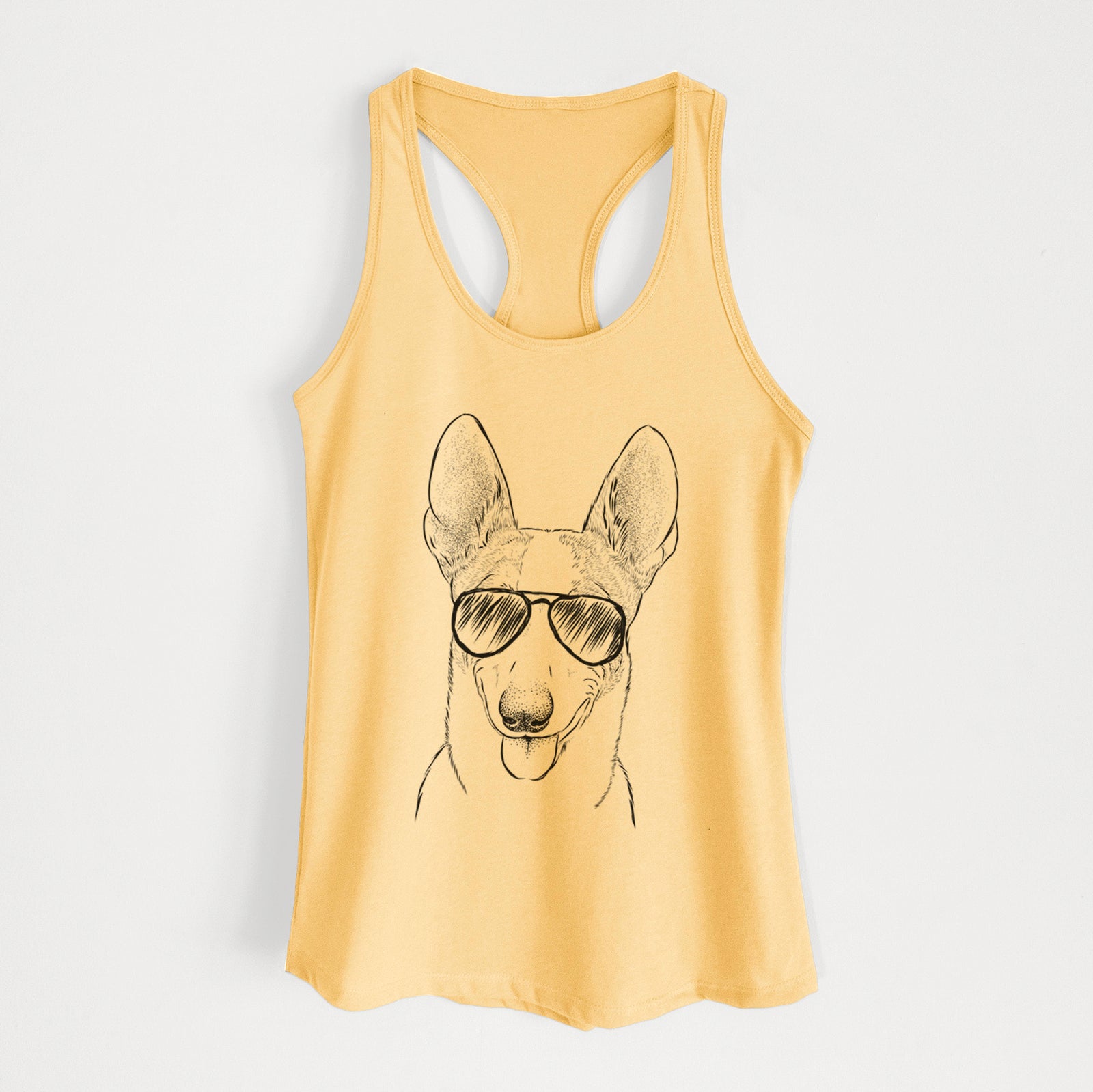 Hand-drawn sketch of Berlin the Carolina Dog wearing aviator sunglasses on a Banana Cream Women's racerback tanktop