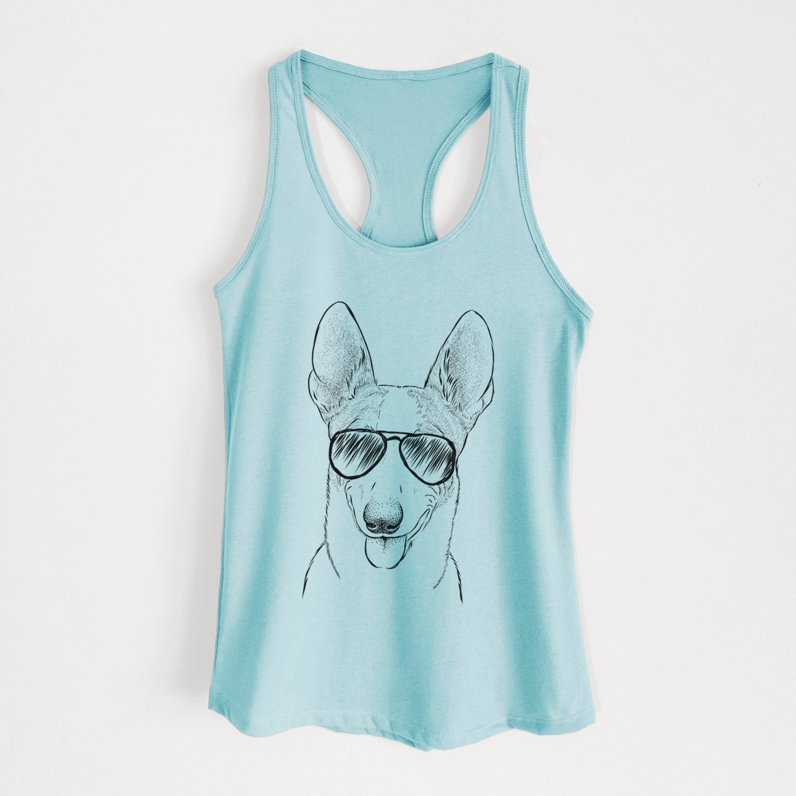 Hand-drawn sketch of Berlin the Carolina Dog wearing aviator sunglasses on a Cancun Blue Women's racerback tanktop