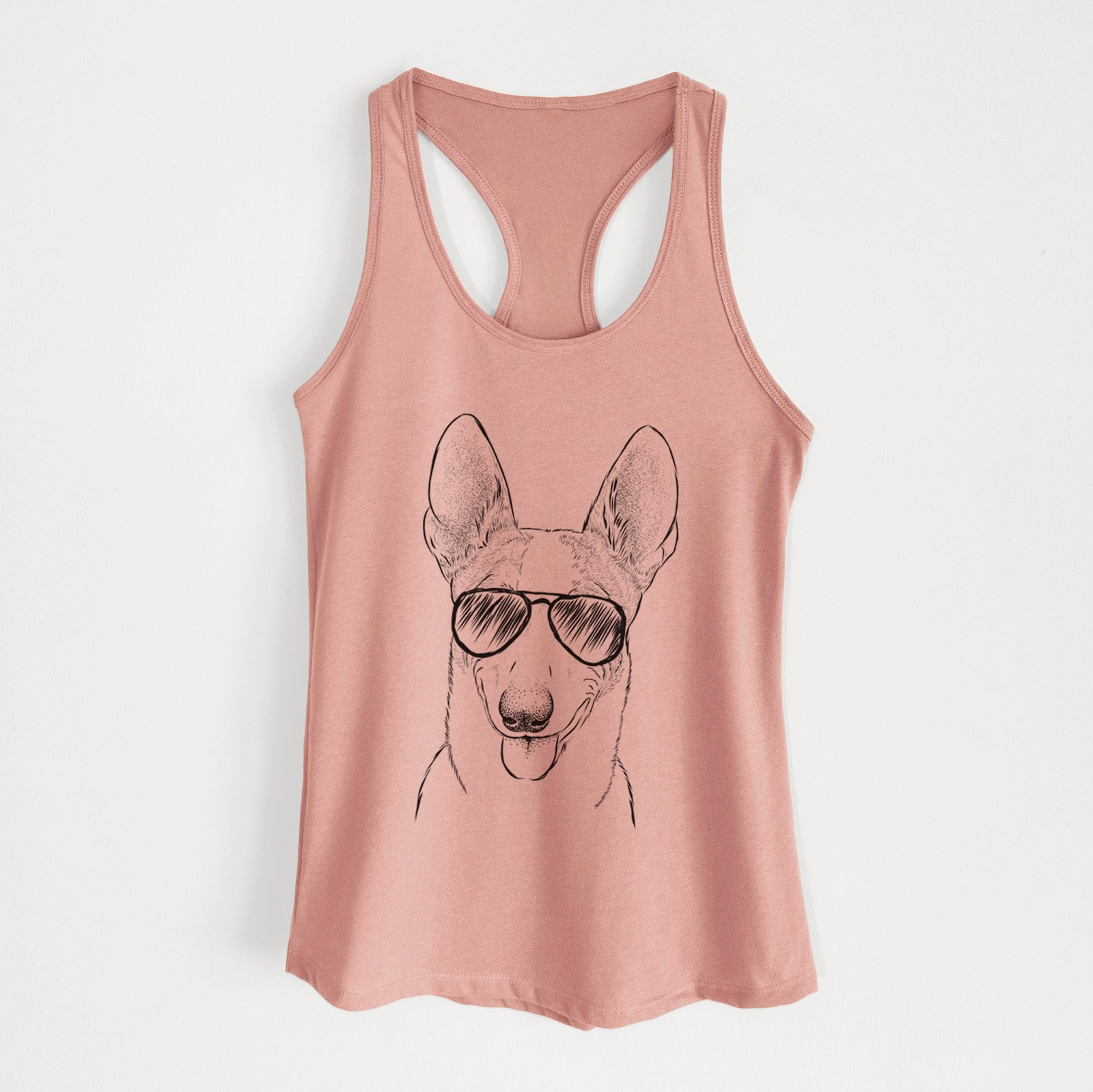 Hand-drawn sketch of Berlin the Carolina Dog wearing aviator sunglasses on a Desert Pink Women's racerback tanktop
