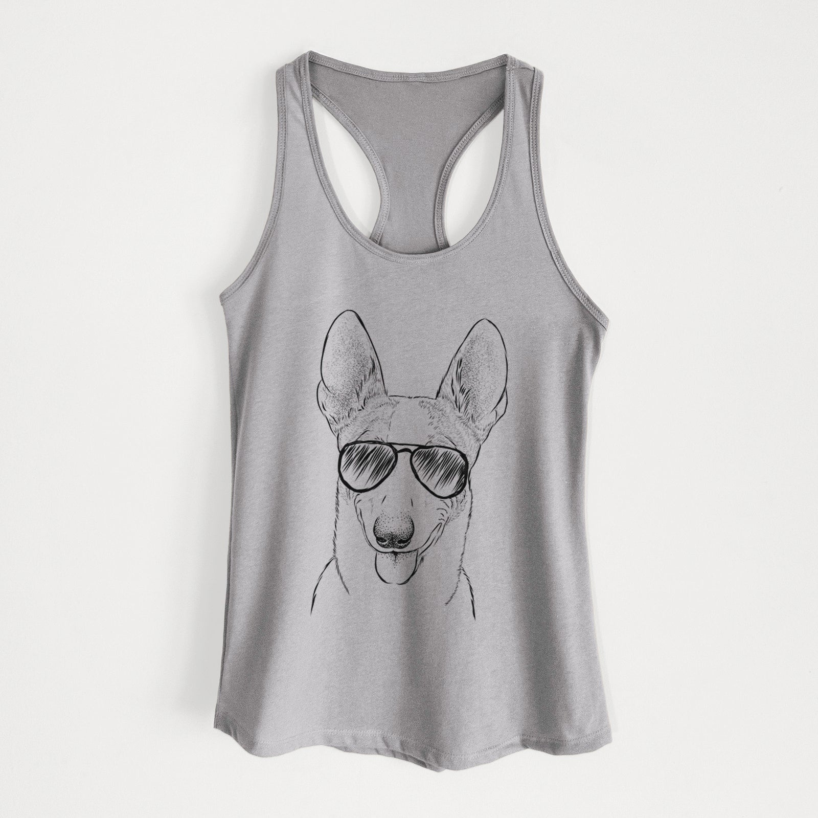 Hand-drawn sketch of Berlin the Carolina Dog wearing aviator sunglasses on a Heather Grey Women's racerback tanktop